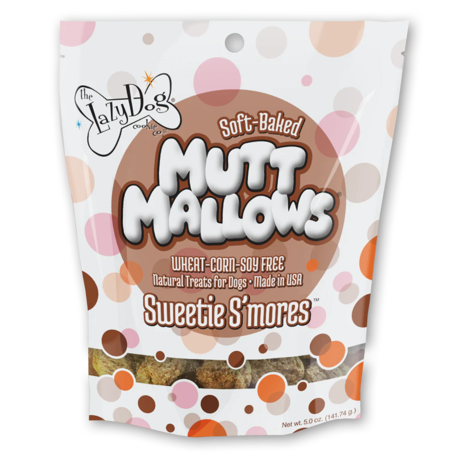 Front of a white, polka-dot dog treat bag labeled “The Lazy Dog Cookie Co. Soft-Baked Mutt Mallows – Sweetie S’mores,” noting wheat-, corn-, and soy-free treats made in the USA, with treats visible through a clear window.