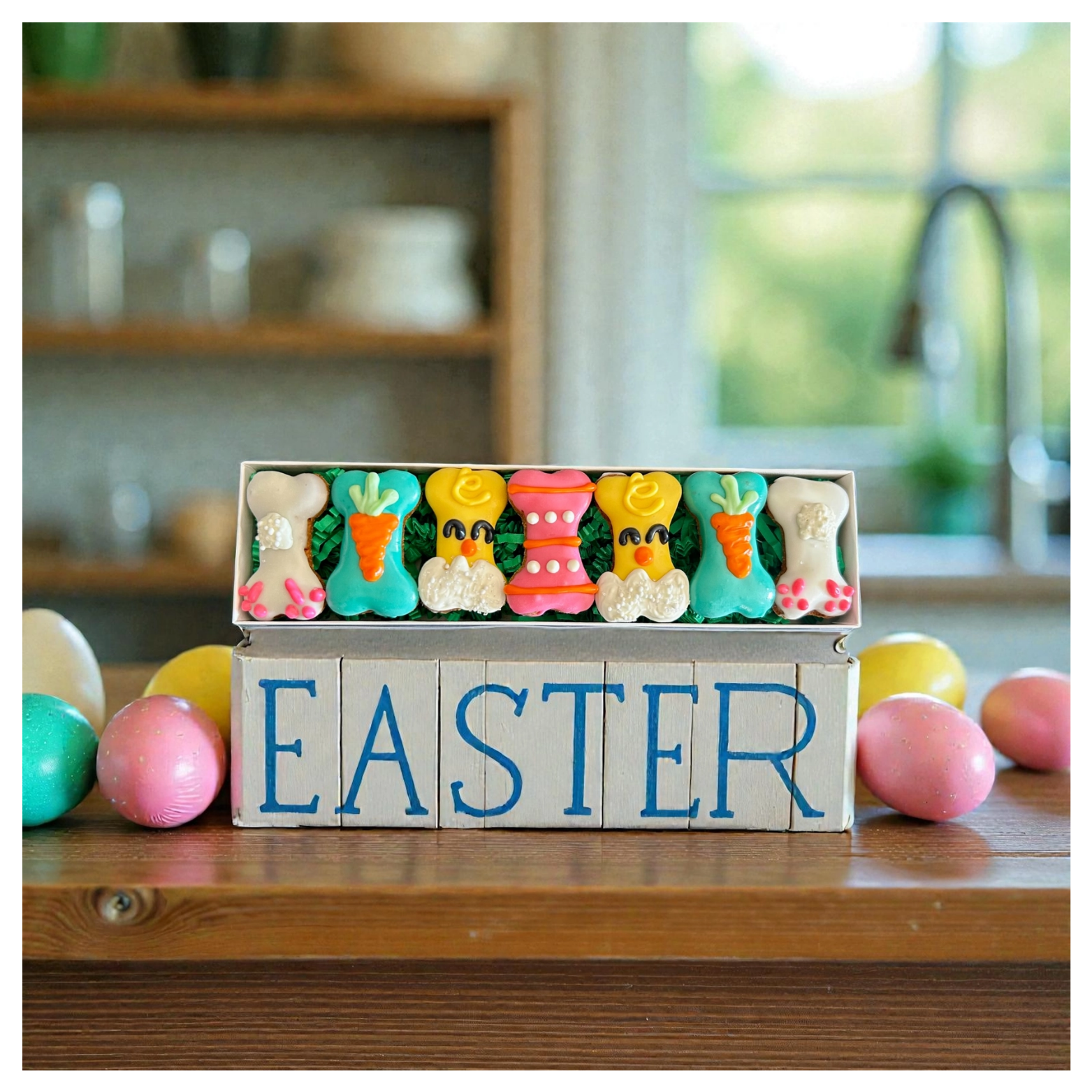 A rectangular gift box of colorful Easter-themed dog treats sits on a wooden table. The treats are shaped like bones, chicks, carrots, and a pink center bone, arranged in green paper filler. The box rests on wooden blocks spelling “EASTER,” with pastel decorative eggs around it in a cozy kitchen setting.