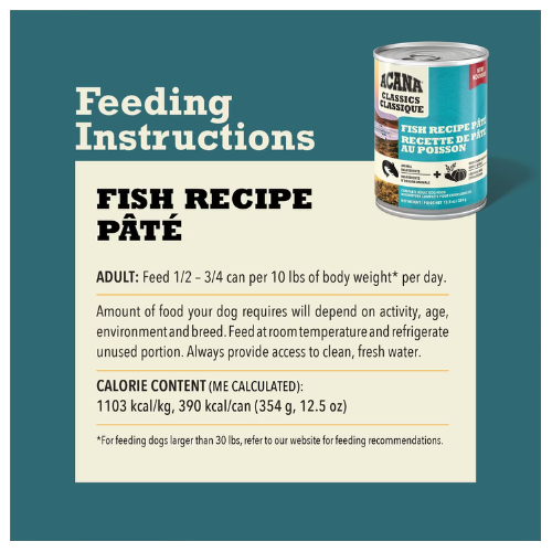 Graphic showing ACANA Classics Fish Recipe Pâté feeding instructions, including daily portion guidelines, calorie content, and a can of the product on a teal background