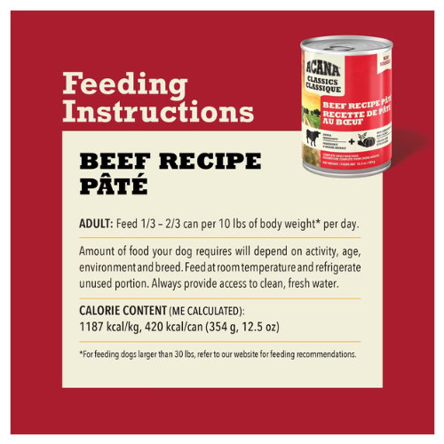 Graphic showing ACANA Classics Beef Recipe Pâté feeding instructions, including daily portion guidelines, calorie content, and a product can on a red background.