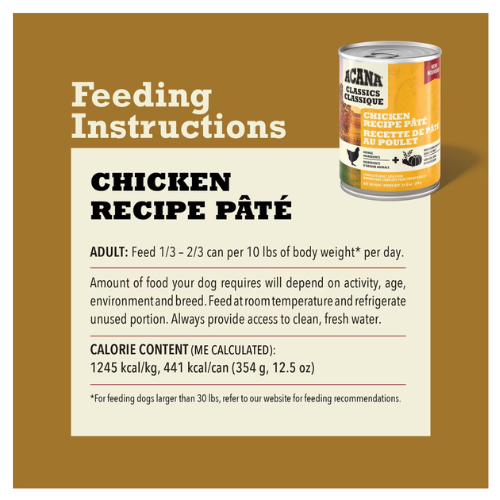 Graphic showing ACANA Classics Chicken Recipe Pâté feeding instructions, including daily portion guidelines, calorie content, and a product can on a gold background.