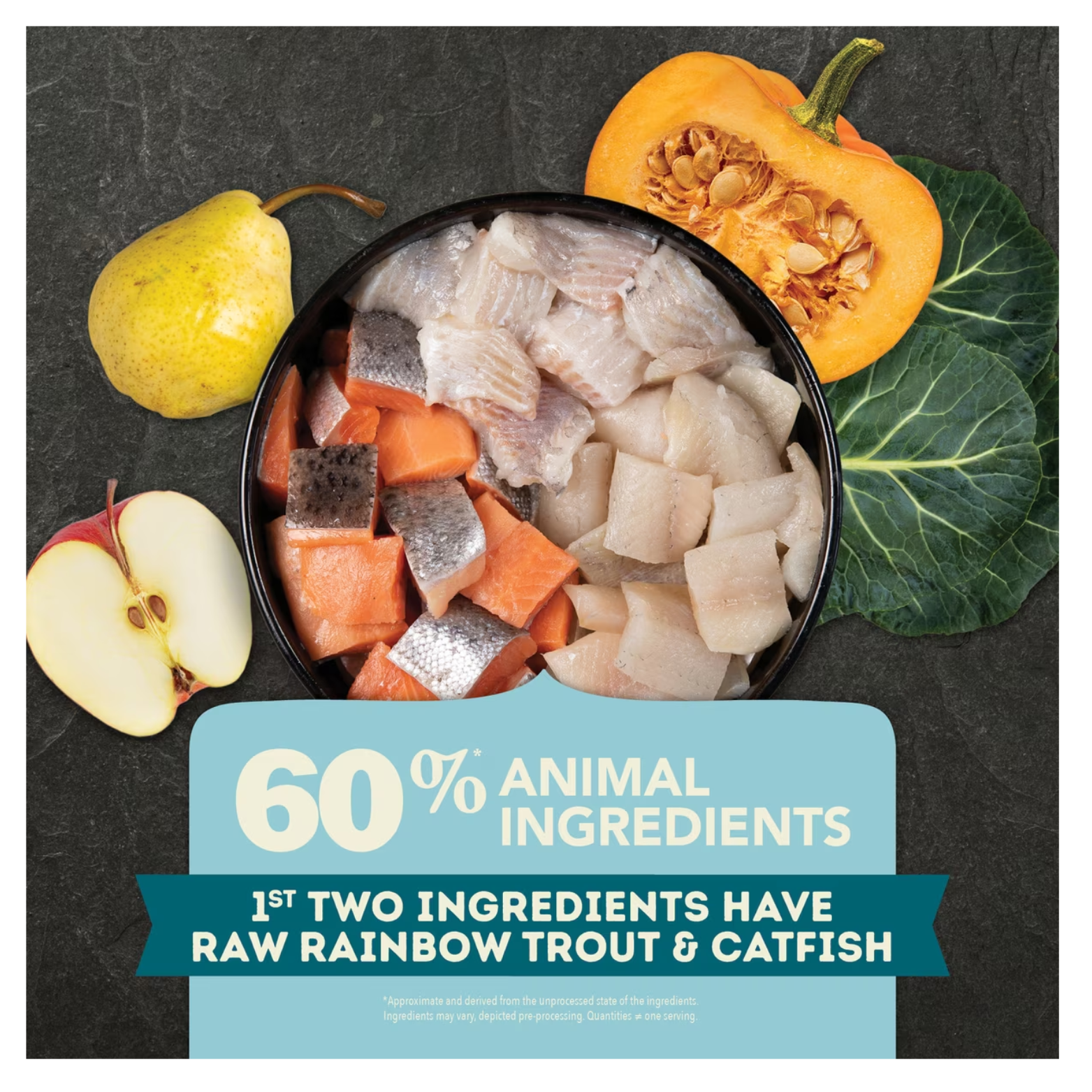 Bowl filled with raw cubed fish, including rainbow trout and catfish, surrounded by a pear, sliced apple, pumpkin half, and leafy greens on a dark background, with overlaid text reading “60% animal ingredients” and “1st two ingredients have raw rainbow trout & catfish.”