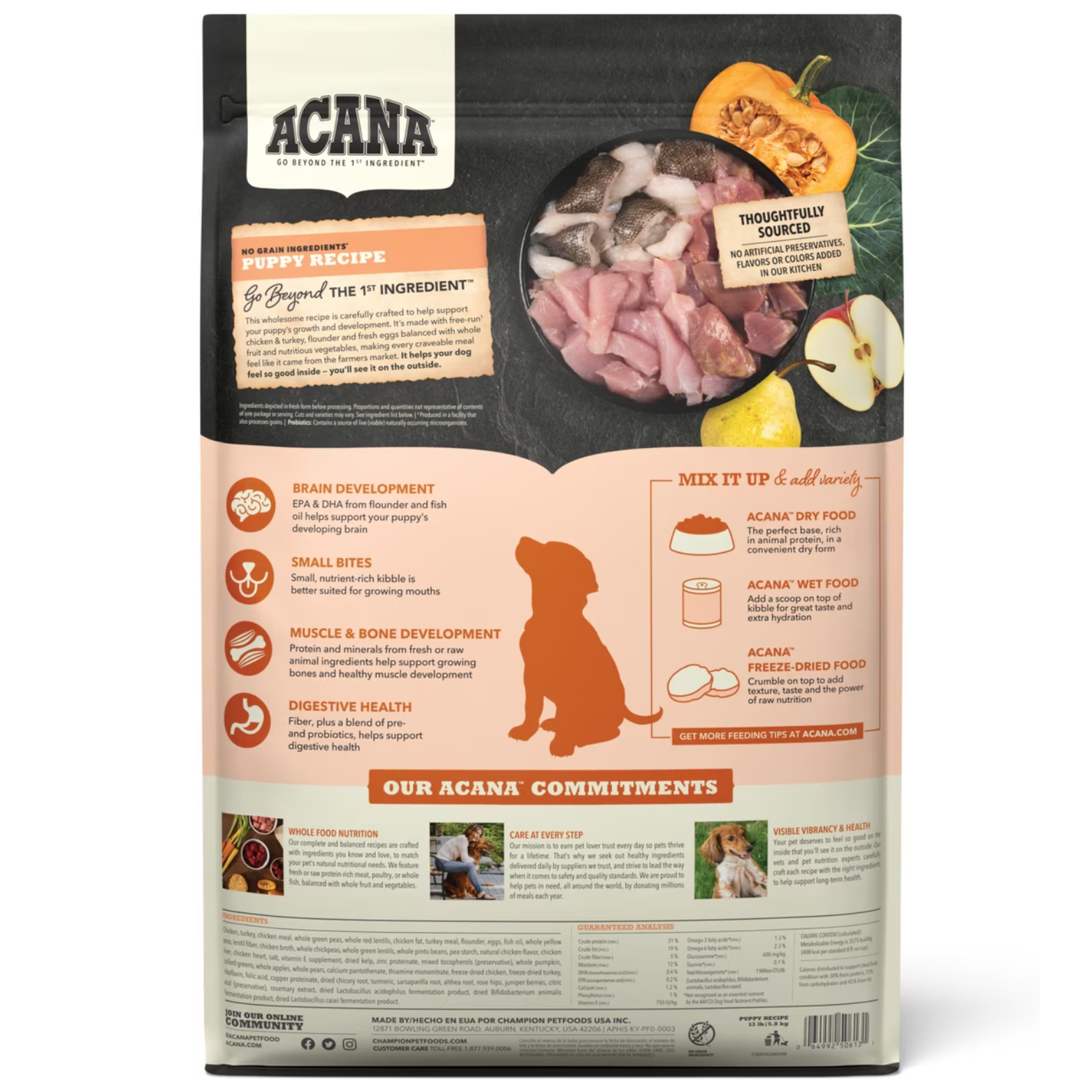 Back of an ACANA Puppy Recipe dog food bag showing product information panels, including ingredient highlights, nutrition benefits, and brand commitments.