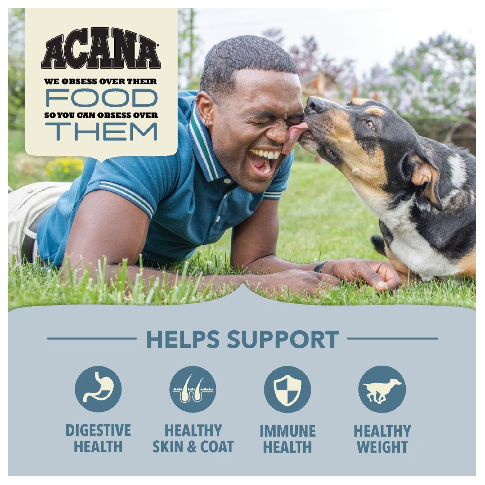 A person lying on grass smiles while a dog licks their face outdoors. Text reads “ACANA – We obsess over their food so you can obsess over them.” Icons below indicate support for digestive health, healthy skin and coat, immune health, and healthy weight.