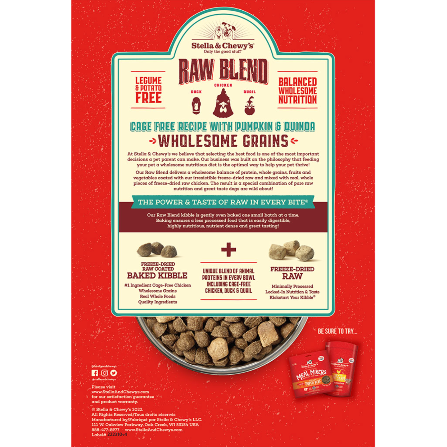 Stella & Chewy's Wholesome Grains Cage Free Raw Blend Recipe Kibble Dog Food