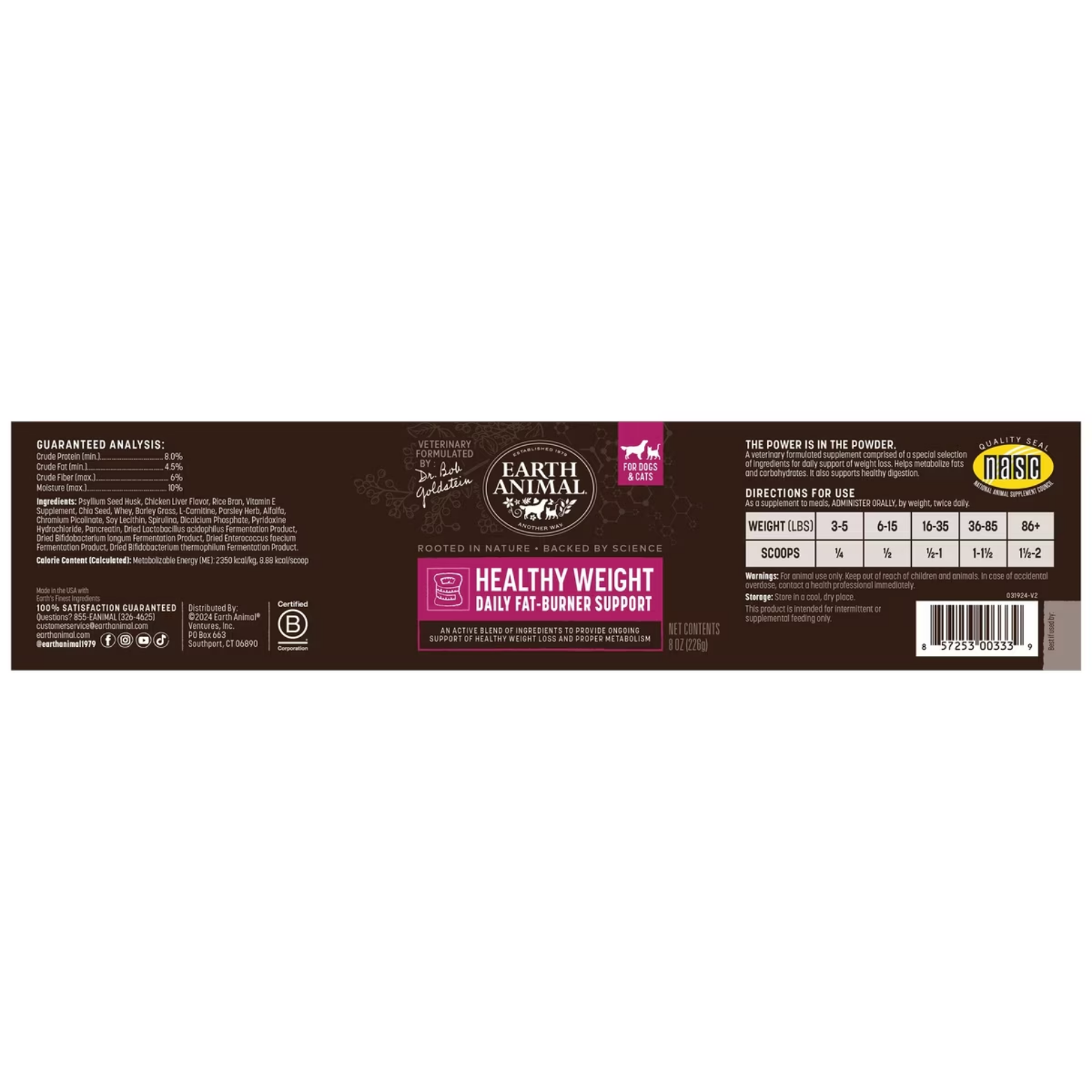 Full wraparound label view of the Earth Animal Apothecary Healthy Weight supplement jar, showing ingredient information, feeding directions, weight-based dosage chart, and product certifications.