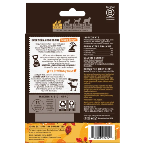 Earth Animal No Hide Pumpkin Stix Dog Treats 20pk