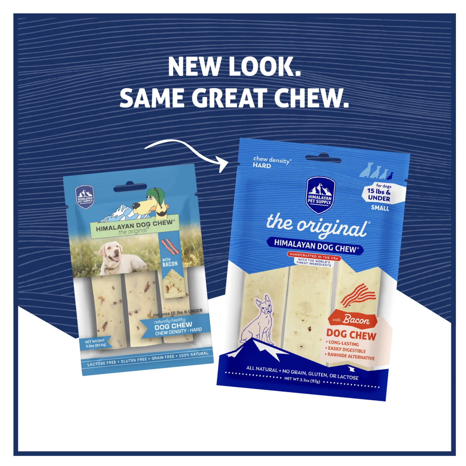 Comparison graphic showing old and new packaging for the small Himalayan Dog Chew with bacon flavor. The older blue package appears on the left, and the updated blue design appears on the right beneath the text “New look. Same great chew.”