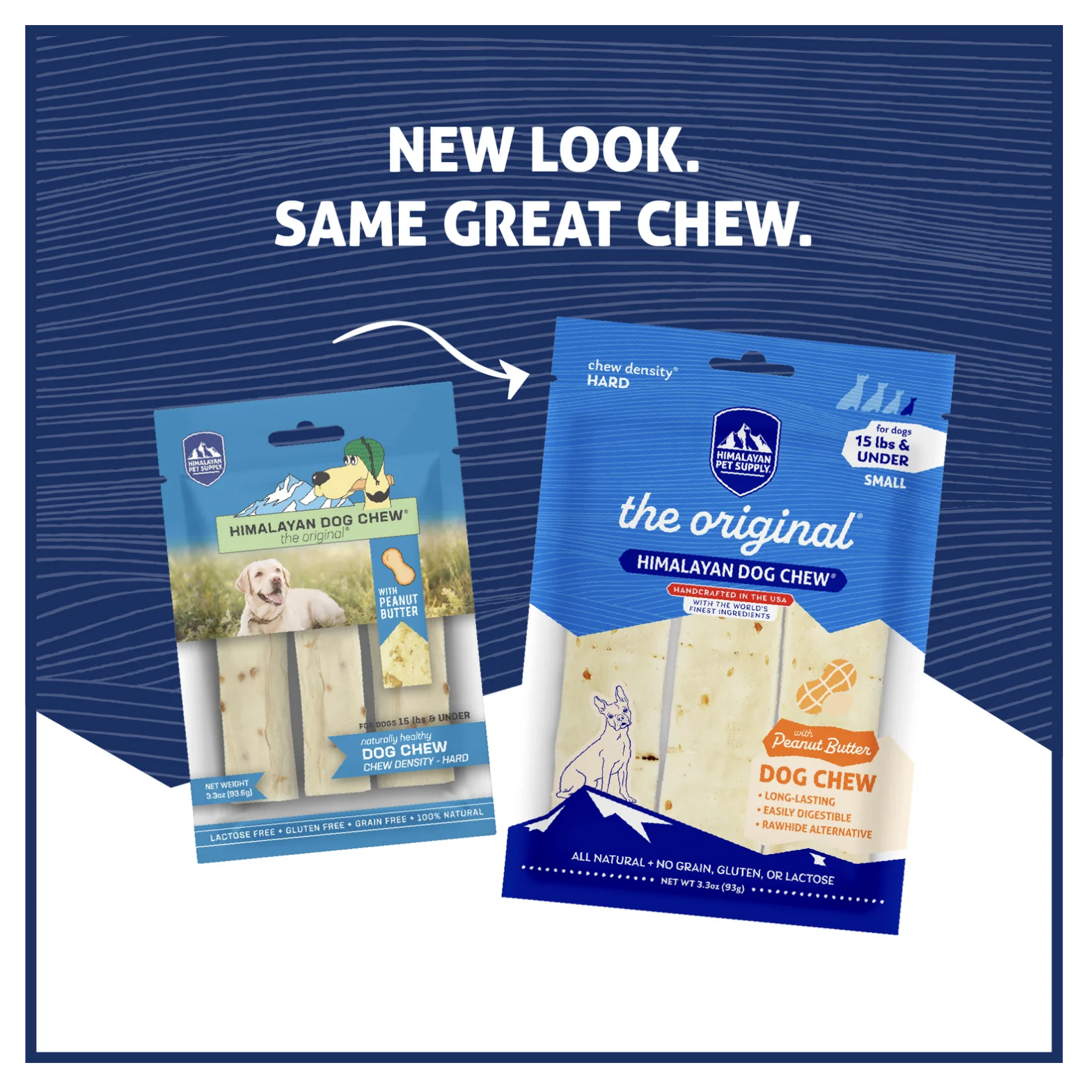 Comparison graphic showing old and new packaging for the small Himalayan Dog Chew with peanut butter. The older blue package appears on the left, and the updated blue design appears on the right beneath the text “New look. Same great chew.”