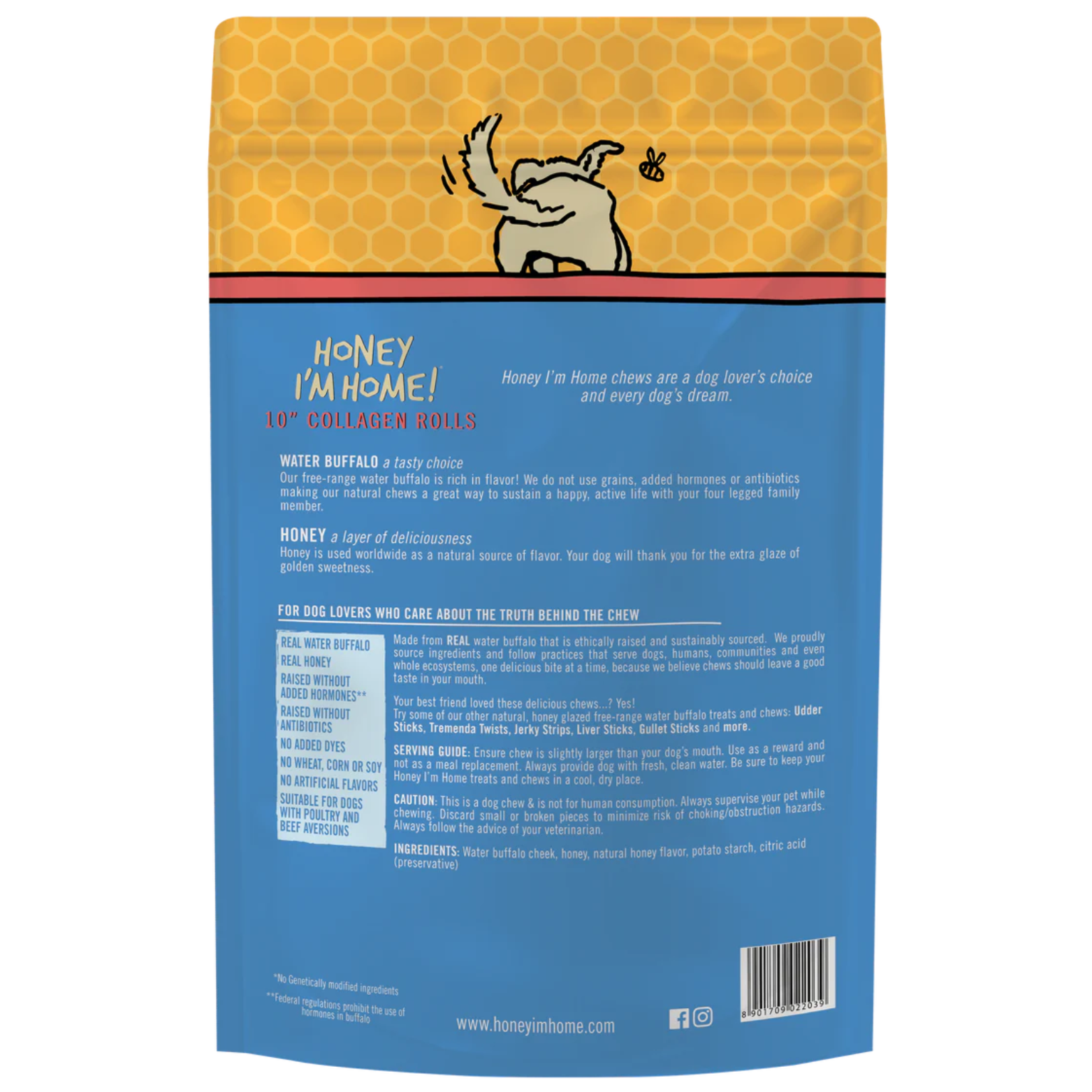 Honey I'm Home 10" Buffalo Collagen Rolls Natural Honey Coated Chews Grain-Free Dog Treats 3 pk