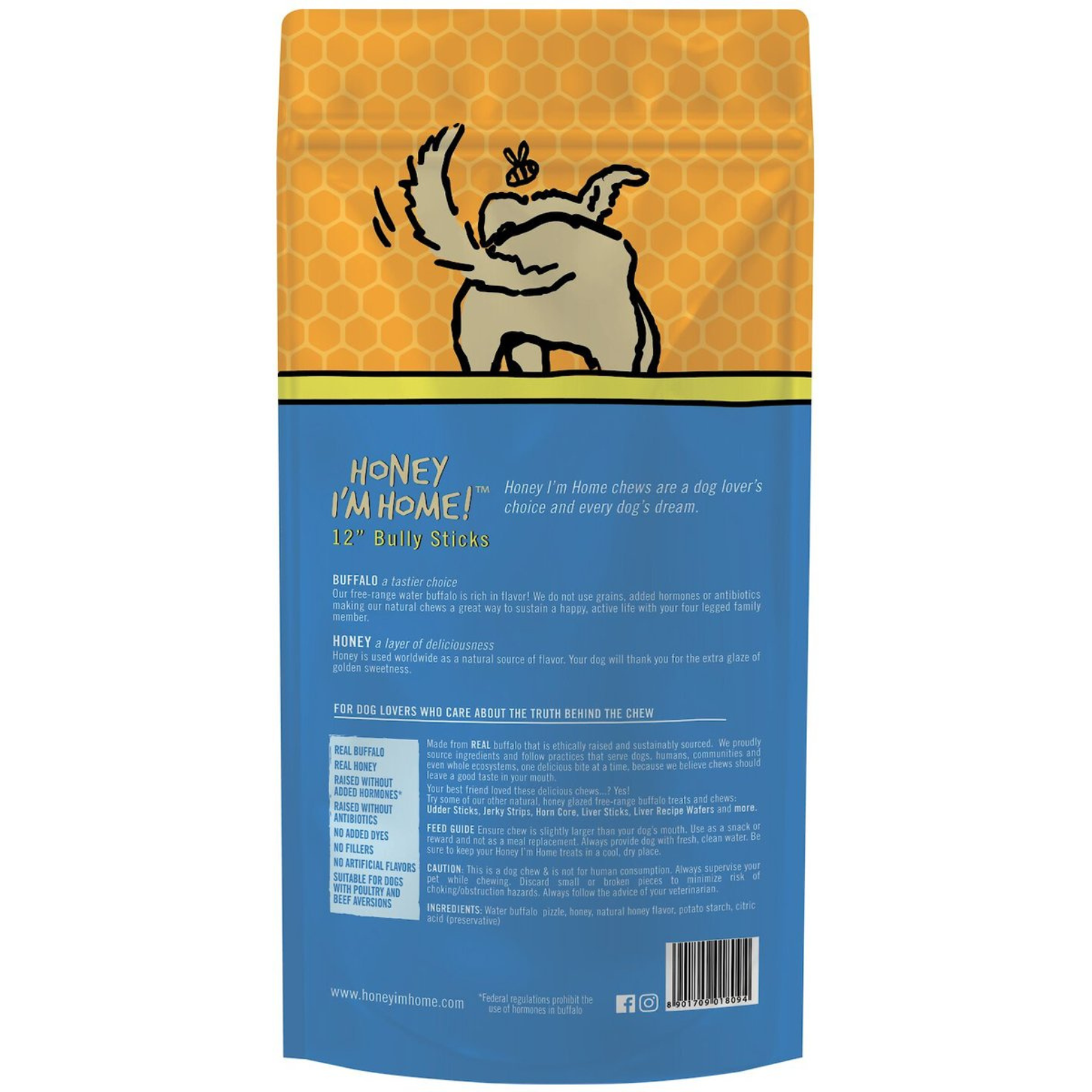 Honey I'm Home 12" Buffalo Bully Sticks Natural Honey Coated Chews Grain-Free Dog Treats 5 pk