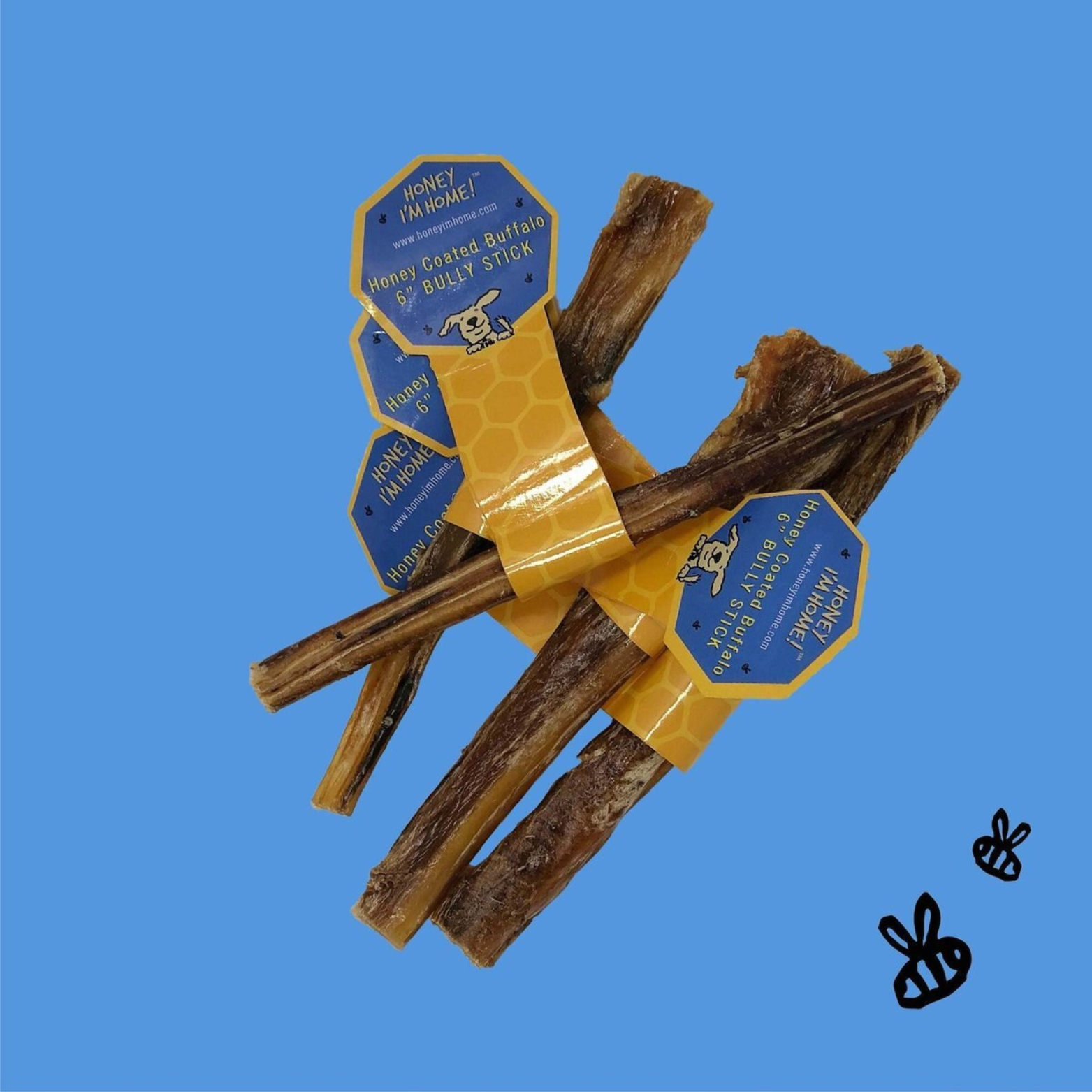 Honey I'm Home 6" Buffalo Bully Sticks Natural Honey Coated Chews Grain-Free Dog Treats Bulk