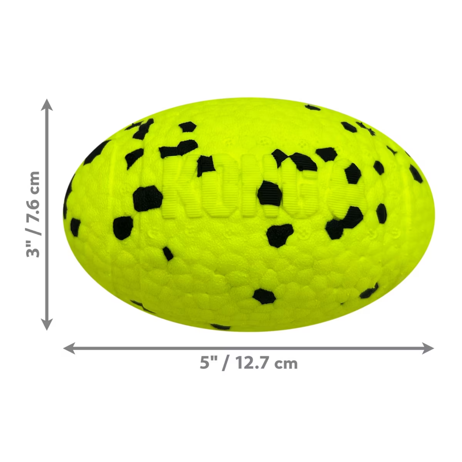 Neon yellow KONG Reflex football dog toy with black speckles, shown with measurement arrows indicating approximately 5 inches (12.7 cm) long and 3 inches (7.6 cm) tall.