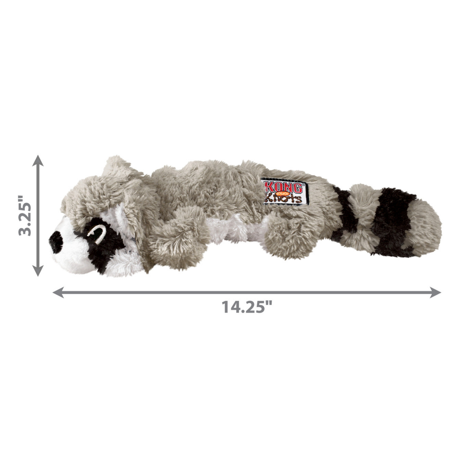 Gray plush raccoon dog toy shown horizontally with measurement arrows indicating approximately 14.25 inches long and 3.25 inches tall.