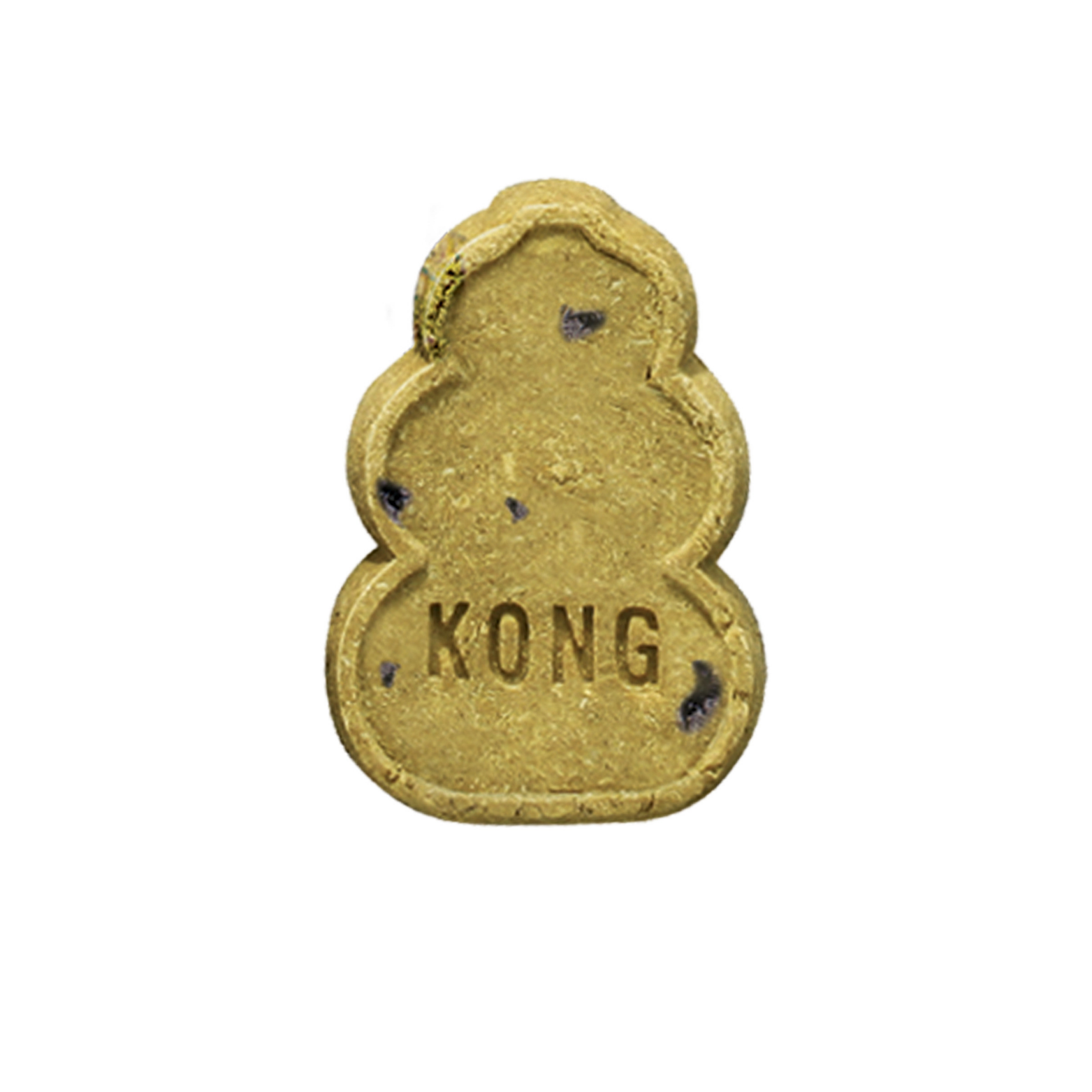 Single KONG-shaped puppy treat in light brown with small dark specks, embossed with the word “KONG,” shown on a white background.