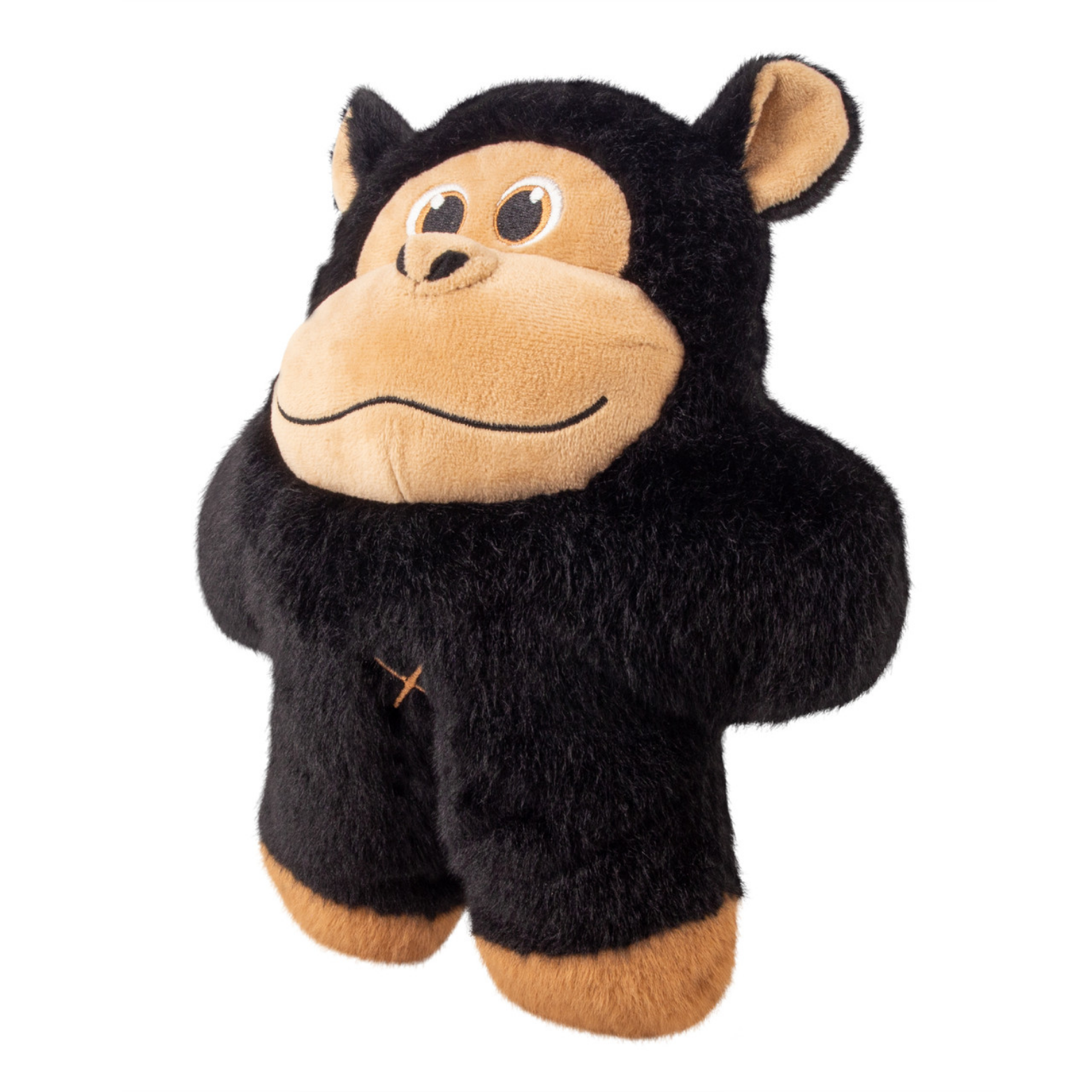 Angled view of the KONG Snuzzles Gorilla plush dog toy on a white background, highlighting the rounded shape, soft fur texture, and stitched facial details.
