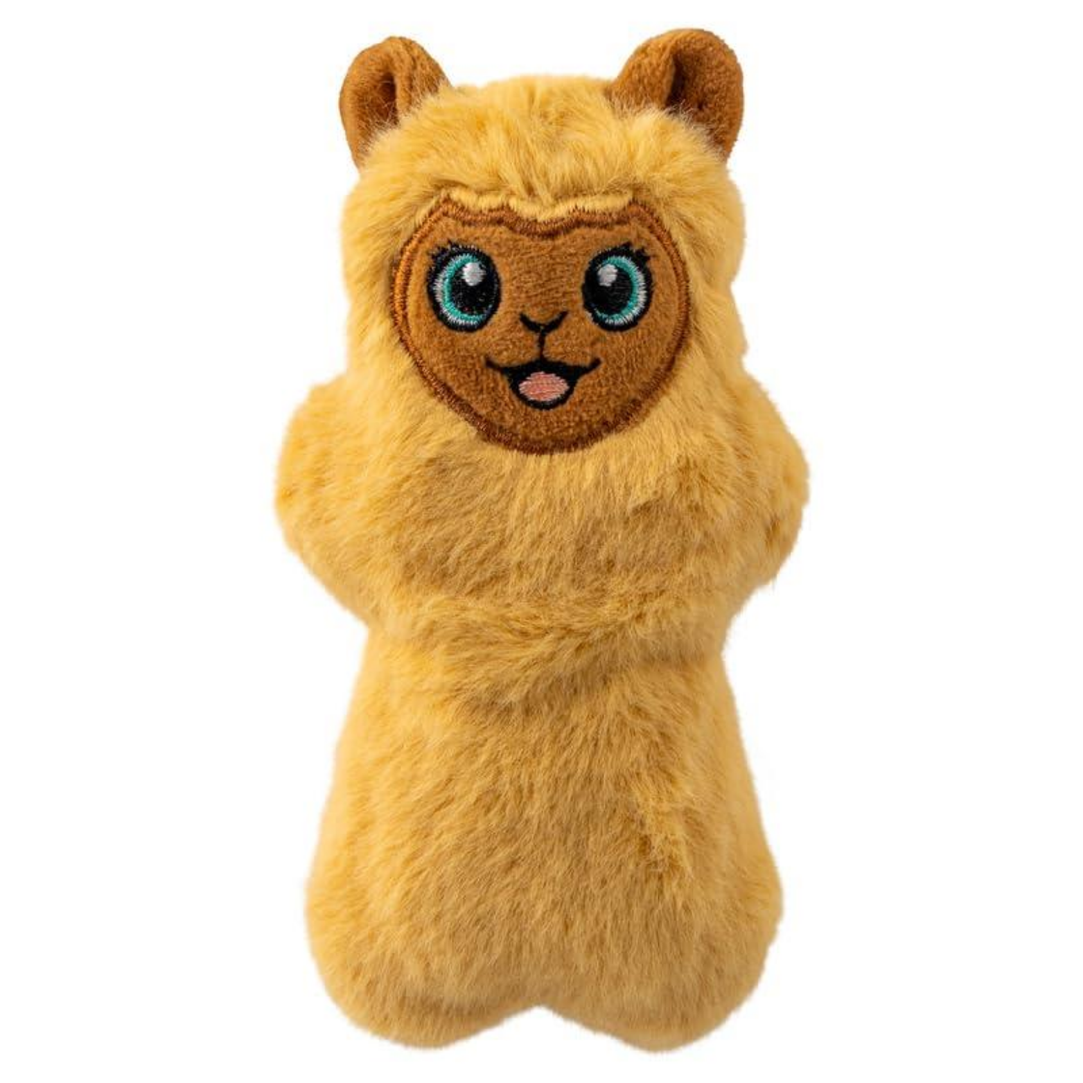 Front view of a plush yellow llama dog toy with soft fur, rounded ears, and an embroidered smiling face with teal eyes, shown on a white background.