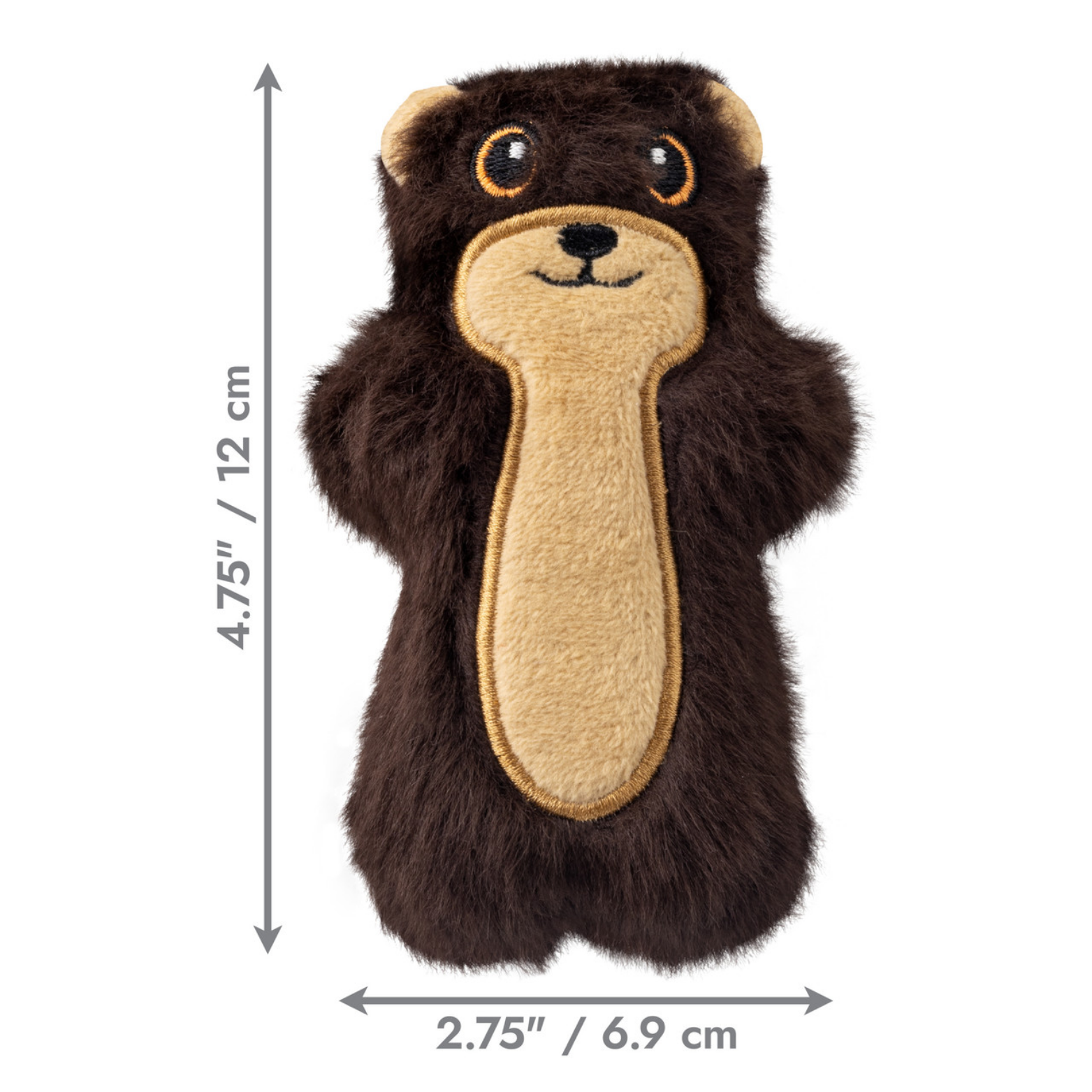 KONG Snuzzles Mini Otter dog toy shown with measurement arrows indicating approximately 4.75 inches tall and 2.75 inches wide.