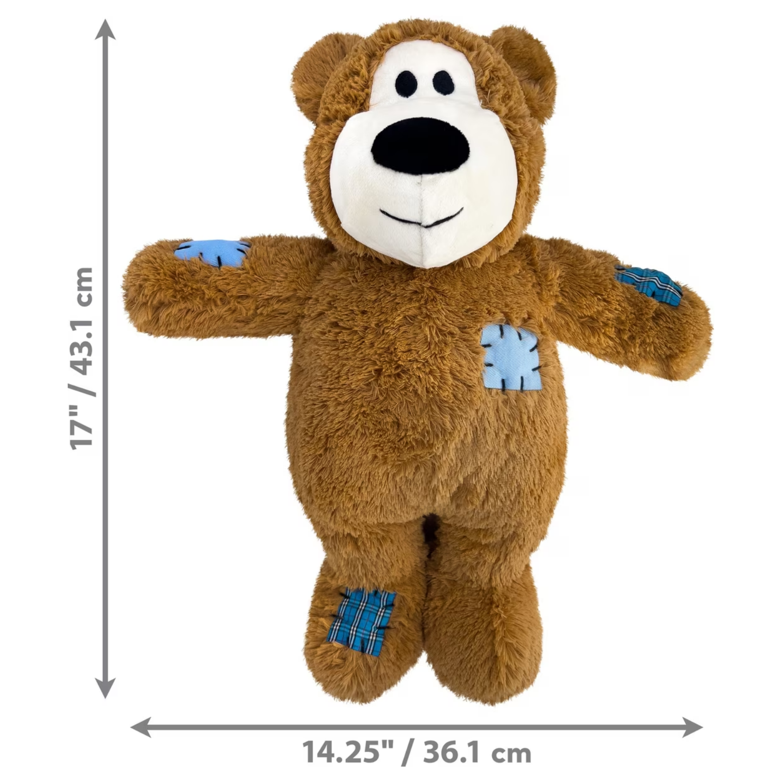KONG Wild Knots Bear jumbo plush dog toy displayed on a white background with size measurements. The toy measures approximately 17 inches tall and 14.25 inches wide.