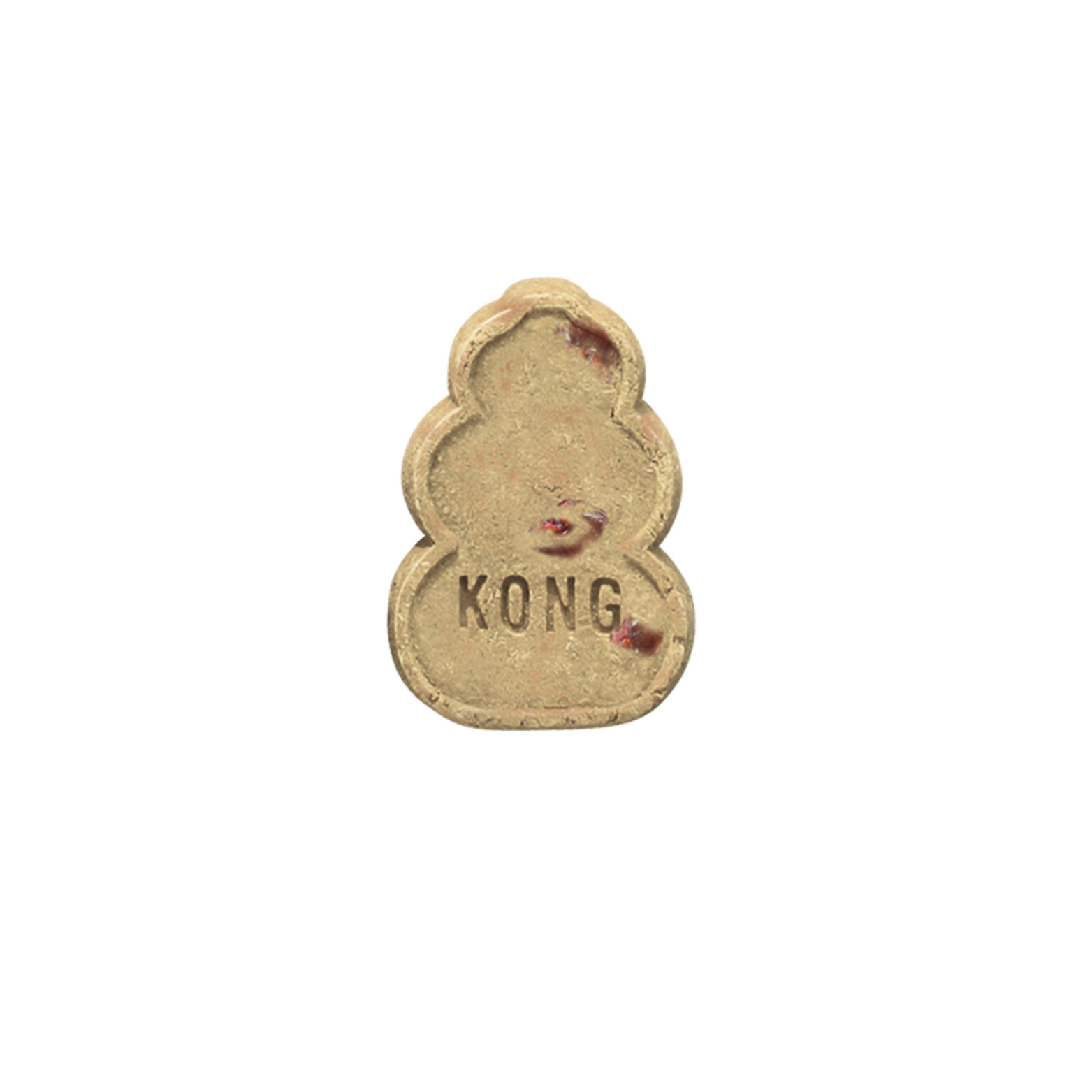 Single KONG Snacks dog treat shaped like a classic KONG toy, light tan in color with visible bacon bits and the word “KONG” stamped on the front.