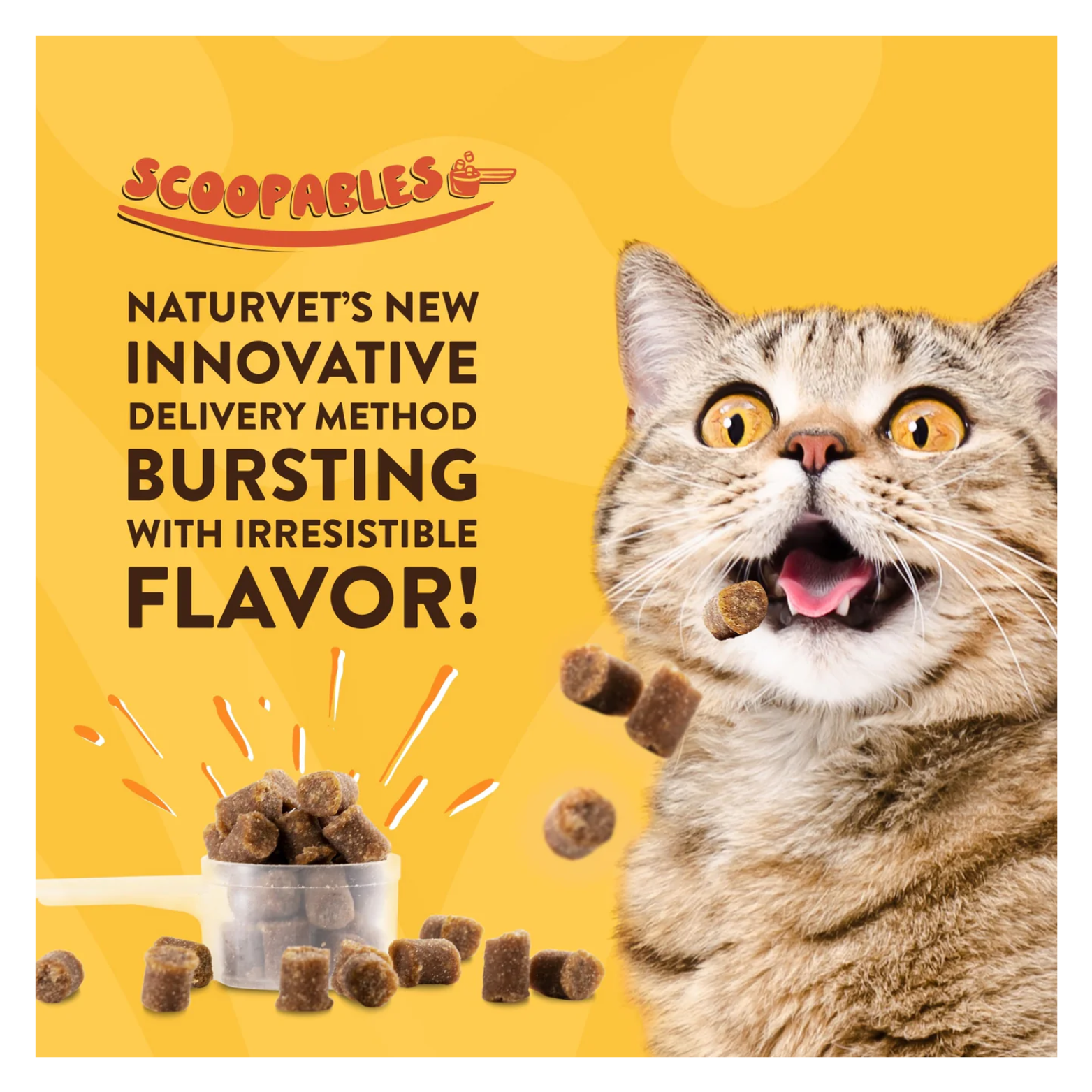 Yellow promotional graphic with a wide-eyed cat catching scoopable soft bites midair and text describing NaturVet’s innovative, flavor-bursting Scoopables delivery method.