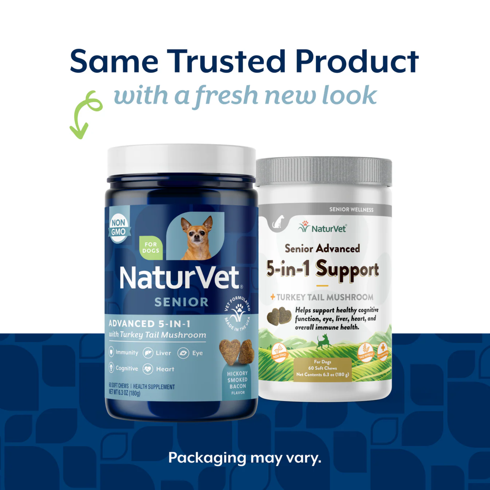 Side-by-side comparison of two NaturVet Senior Advanced 5-in-1 supplement containers showing old and new packaging, with text reading “Same Trusted Product with a fresh new look” and “Packaging may vary.”