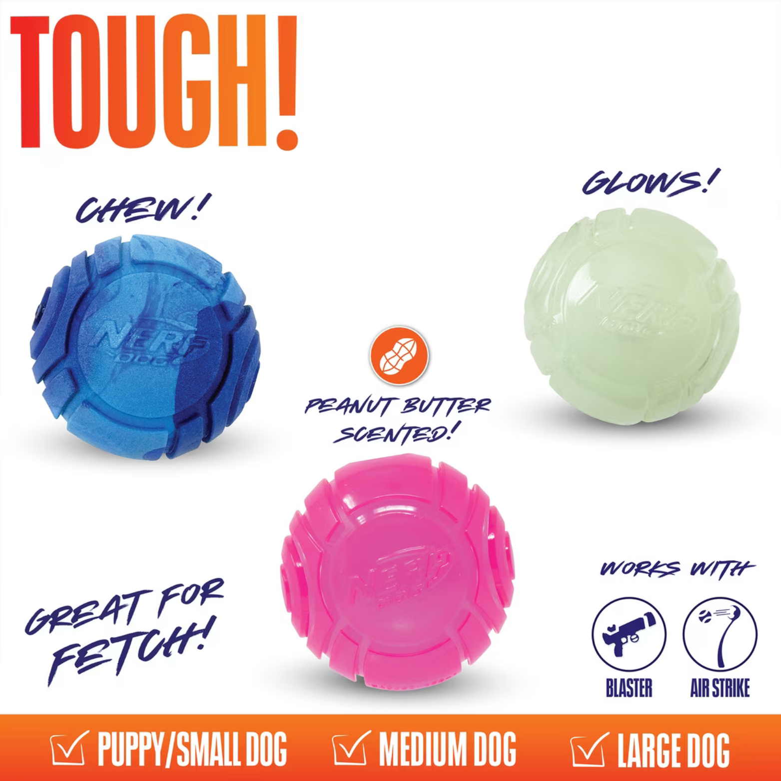 Nerf Dog Gift Set TPR Lightning Glow,TPR Peanut Butter Scented, & Solid Foam Sonic Ball , 2.5-in, 3 count with Launcher Dog Toy