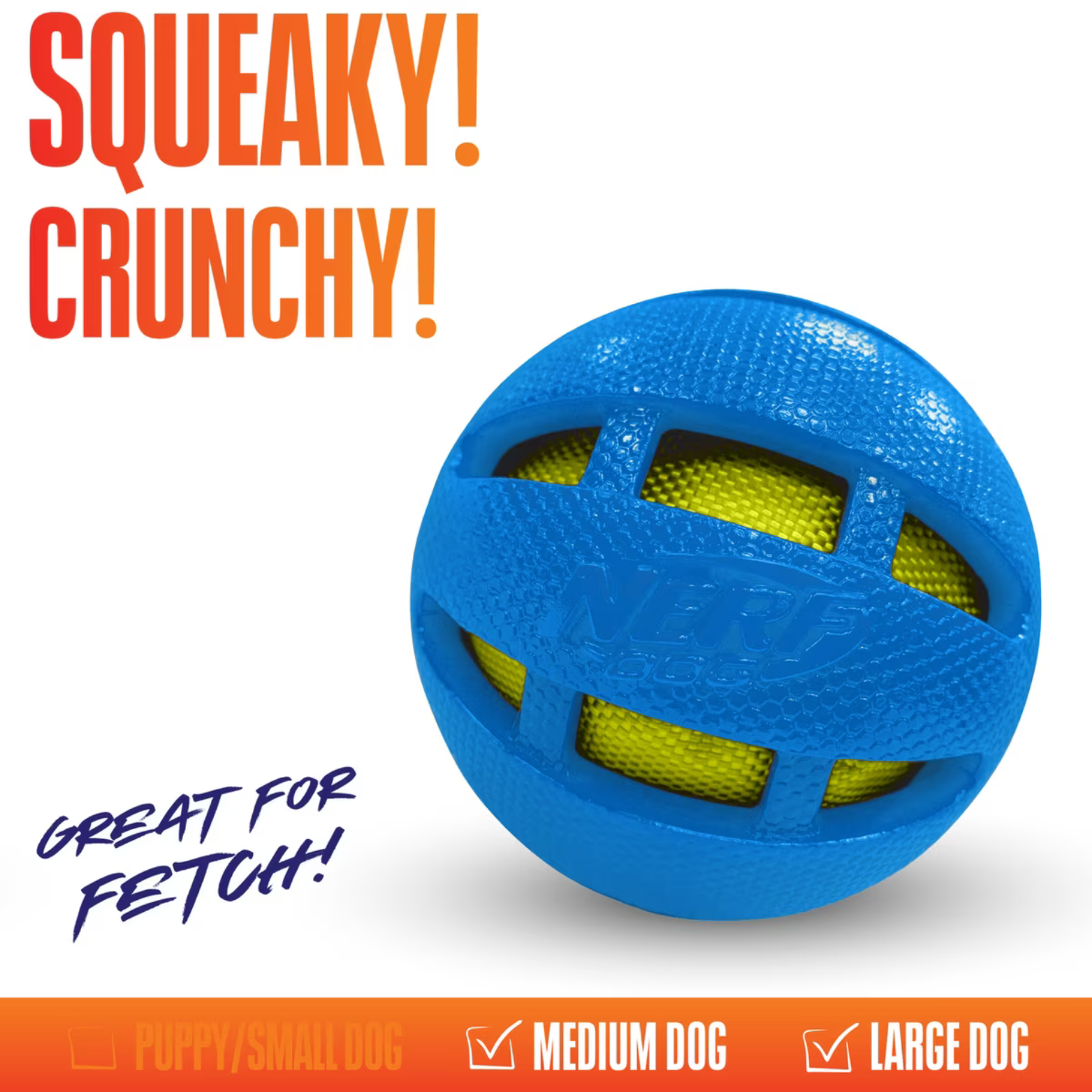Nerf Dog TPR Checker Squeak & Crunch Ball Dog Toy, Blue/Green, 3.8"