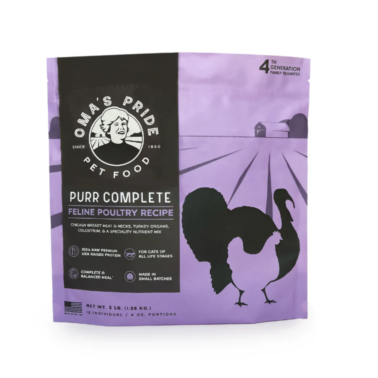 The same purple Oma’s Pride Purr Complete feline poultry recipe bag is shown alone without portion packs, highlighting the turkey silhouette graphic and branding on the front.