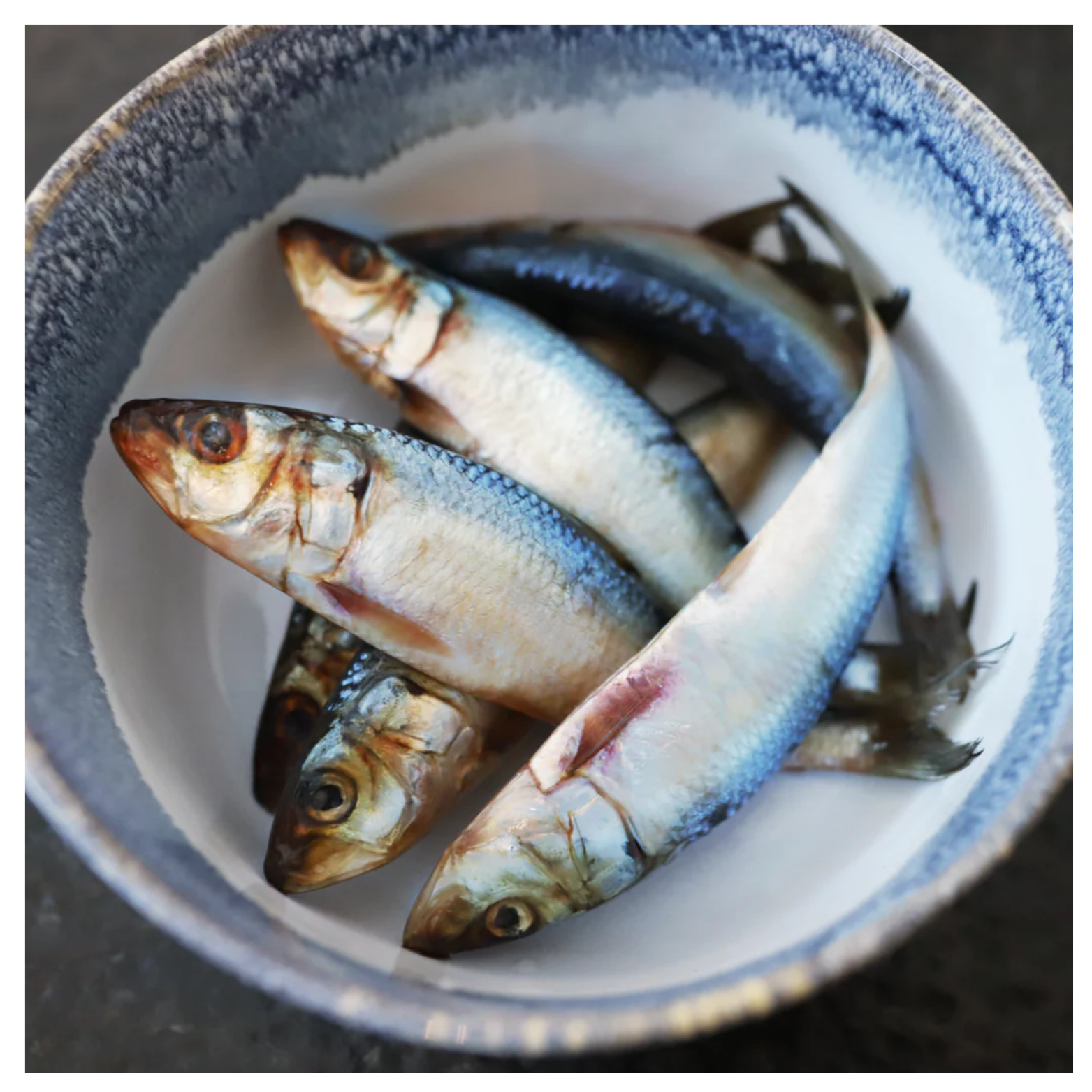 Several whole raw sardines with shiny blue-silver skin are arranged in a ceramic bowl with a blue rim, viewed from above.