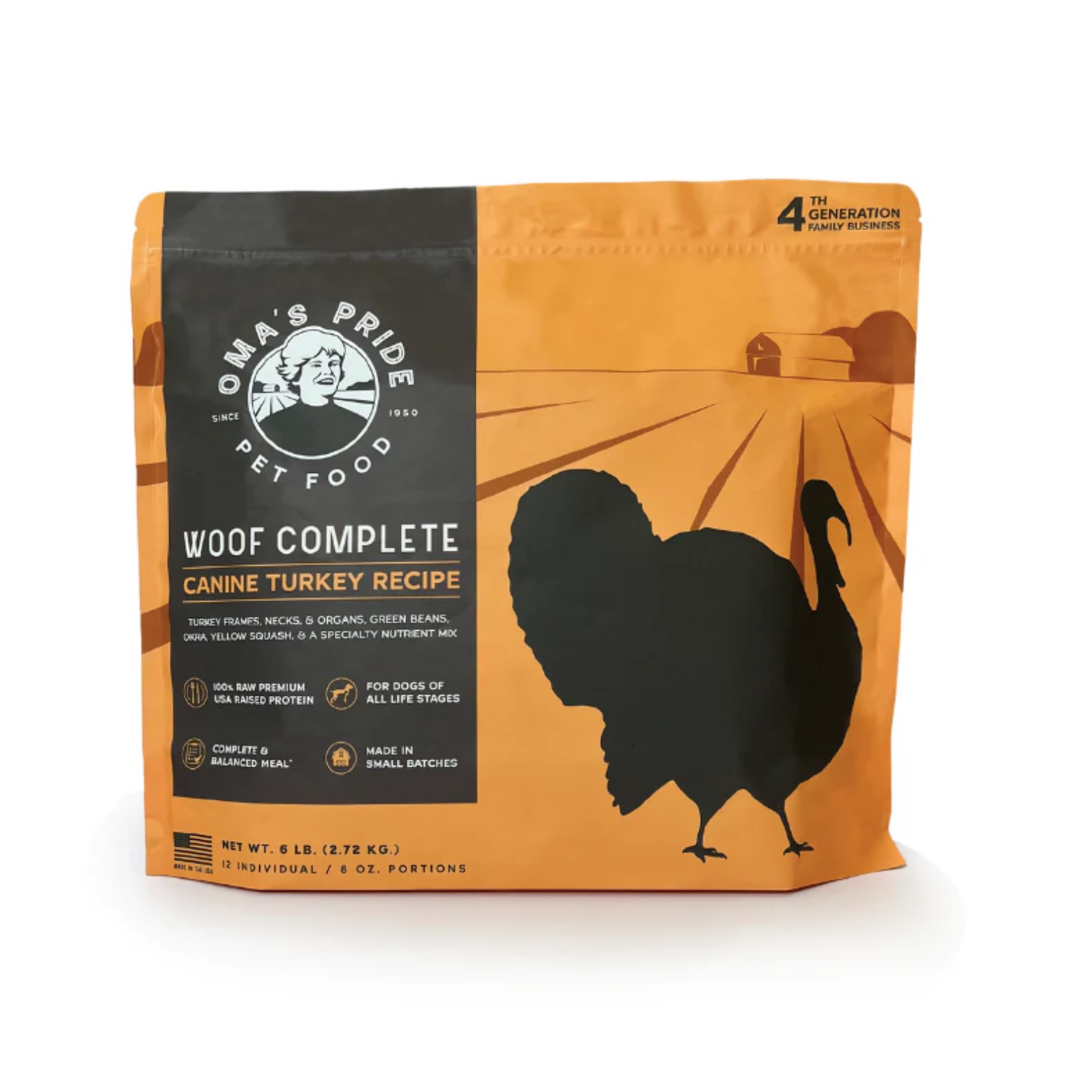 Stand-up pouch of Oma’s Pride Woof Complete Canine Turkey Recipe raw dog food with orange packaging, farm scene graphic, and turkey silhouette centered on the front.