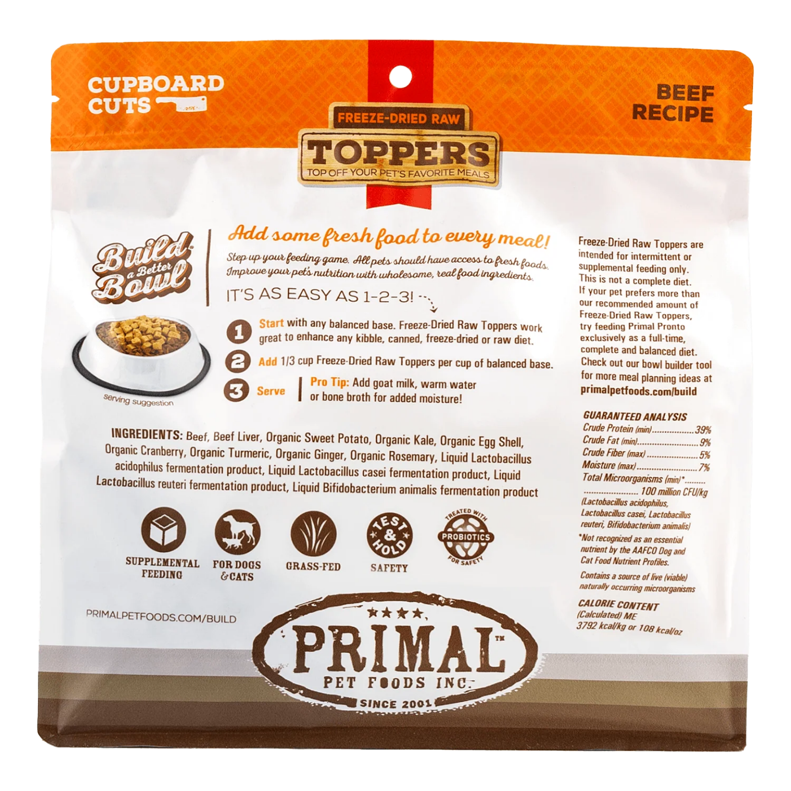 Back of Primal freeze-dried raw beef recipe toppers pouch displaying feeding instructions, ingredient list, guaranteed analysis, probiotics information, and brand logo along the bottom.