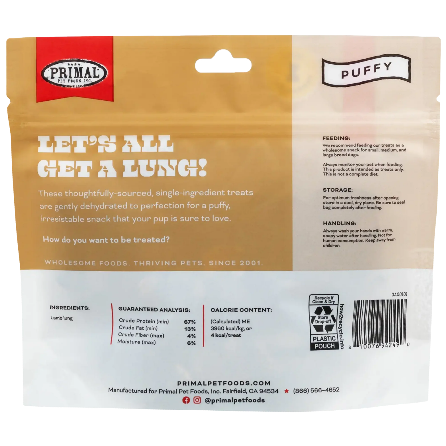 Back of the Primal Pet Foods “Let’s All Get A Lung!” lamb lung dog treats pouch with feeding instructions, storage and handling information, and product description stating the treats are single-ingredient and gently dehydrated. Guaranteed analysis, calorie content, barcode, and company contact information are displayed.