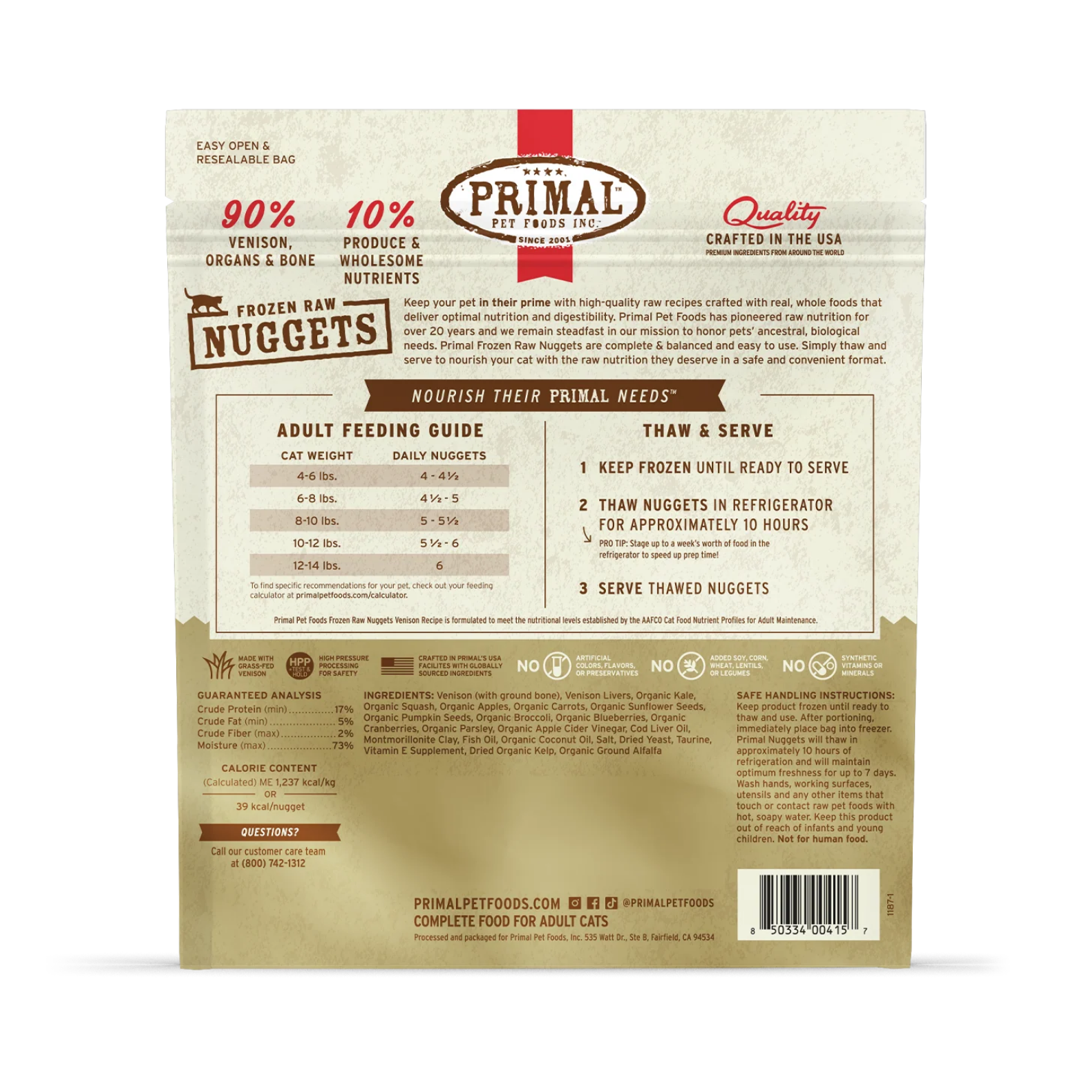Back of the Primal Frozen Raw Nuggets Venison Recipe cat food bag showing feeding guidelines, thawing instructions, ingredients, guaranteed analysis, and product information.