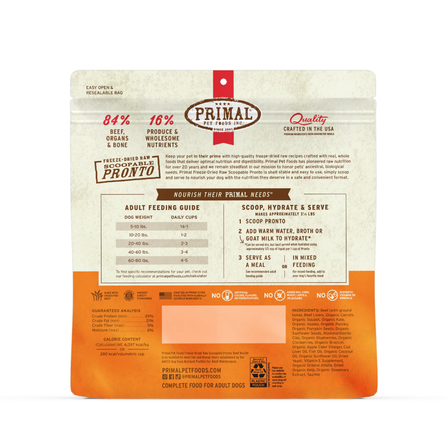 Back of the Primal freeze-dried raw scoopable Pronto Beef Recipe dog food bag displaying product description, adult feeding guide chart, scoop-hydrate-serve instructions, guaranteed analysis, ingredients list, and nutrition claims such as 84% beef, organs, and bone.
