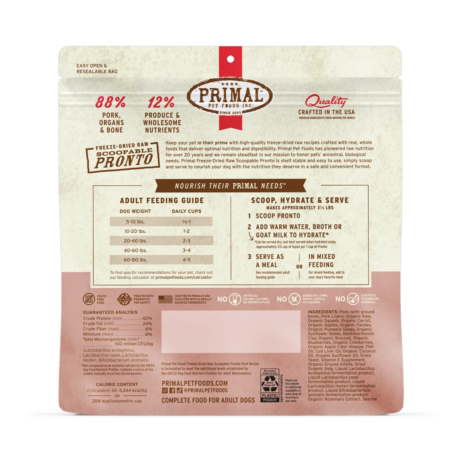 Back of the Primal freeze-dried pork dog food bag with adult feeding guide by weight, scoop-hydrate-serve instructions, guaranteed analysis, ingredients list, and product claims such as 88% pork, organs, and bone.