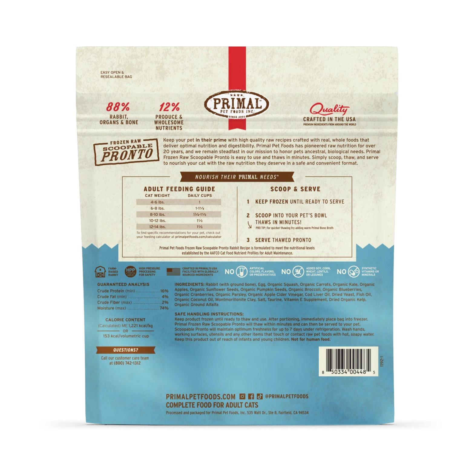 Back of the Primal frozen raw scoopable Pronto Rabbit Recipe cat food bag displaying product description, adult feeding guide chart, scoop-and-serve instructions, guaranteed analysis, ingredients list, and nutrition claims such as 88% rabbit, organs, and bone.