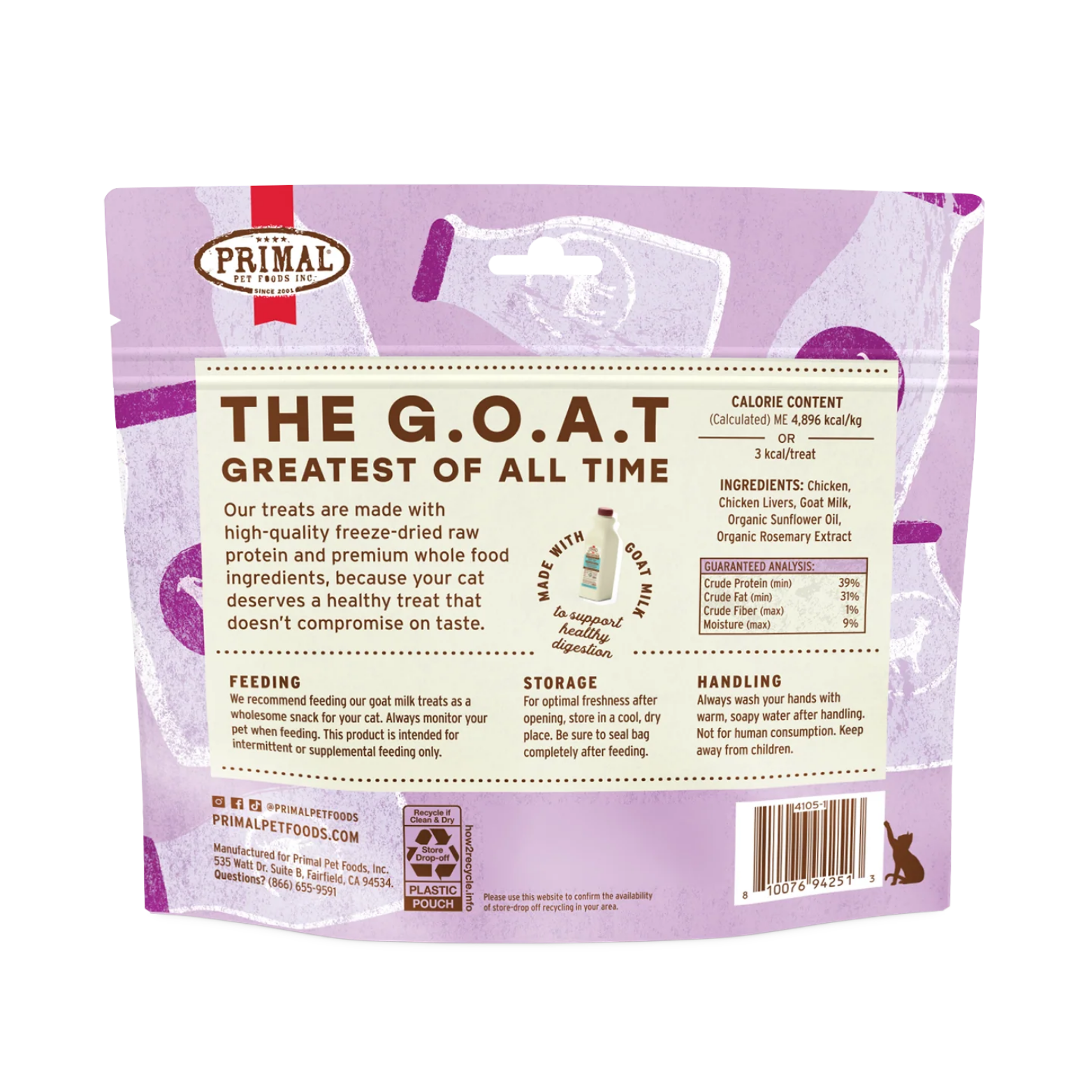 Back view of the treat bag showing detailed product information. It includes sections for Feeding Guidelines, Storage (store in a cool, dry place), Handling, and a Guaranteed Analysis table. A "How2Recycle" logo and a barcode are visible at the bottom.