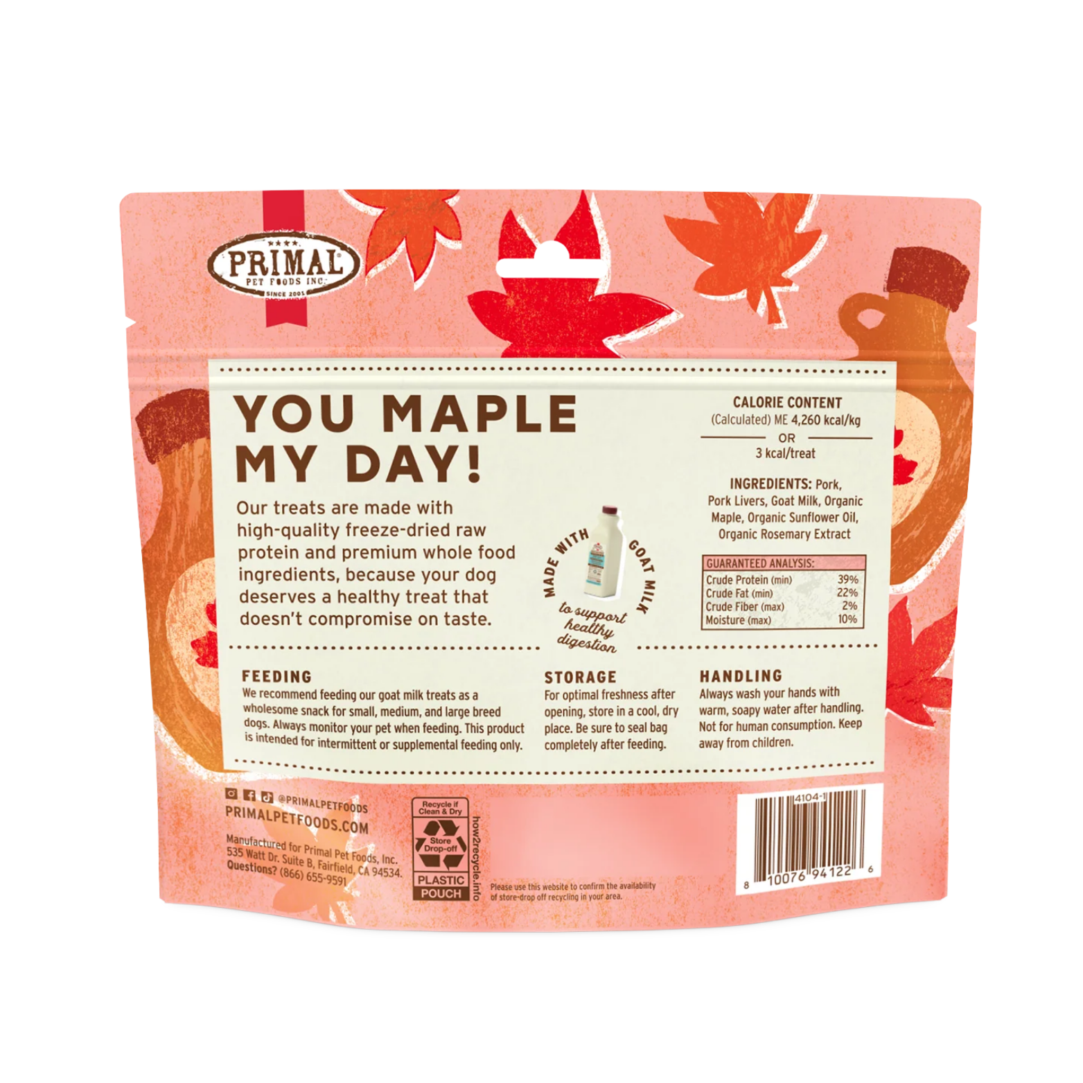 The back of the treat bag contains detailed product information. It includes a description of the freeze-dried raw protein process and a small graphic of a goat milk bottle labeled "to support healthy digestion." Sections are dedicated to Feeding (intended for intermittent feeding), Storage (cool, dry place), and Handling (wash hands after use). The bottom left features social media handles and the company address in Fairfield, CA.