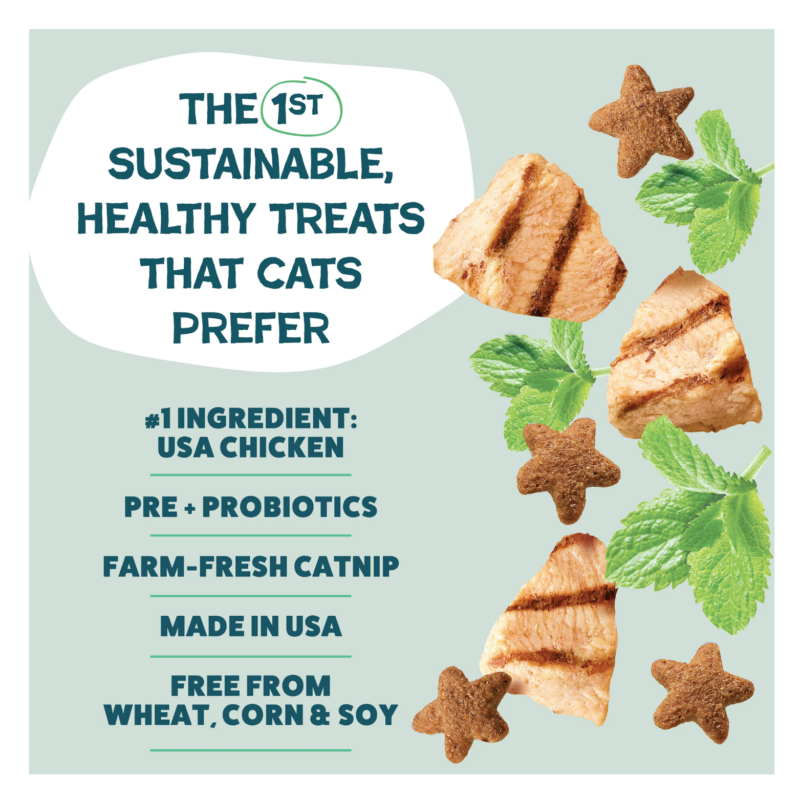 Promotional graphic stating “The 1st sustainable, healthy treats that cats prefer.” Floating images of grilled chicken pieces, star-shaped treats, and catnip leaves surround text listing benefits: #1 ingredient USA chicken, pre- and probiotics, farm-fresh catnip, made in the USA, and free from wheat, corn, and soy.