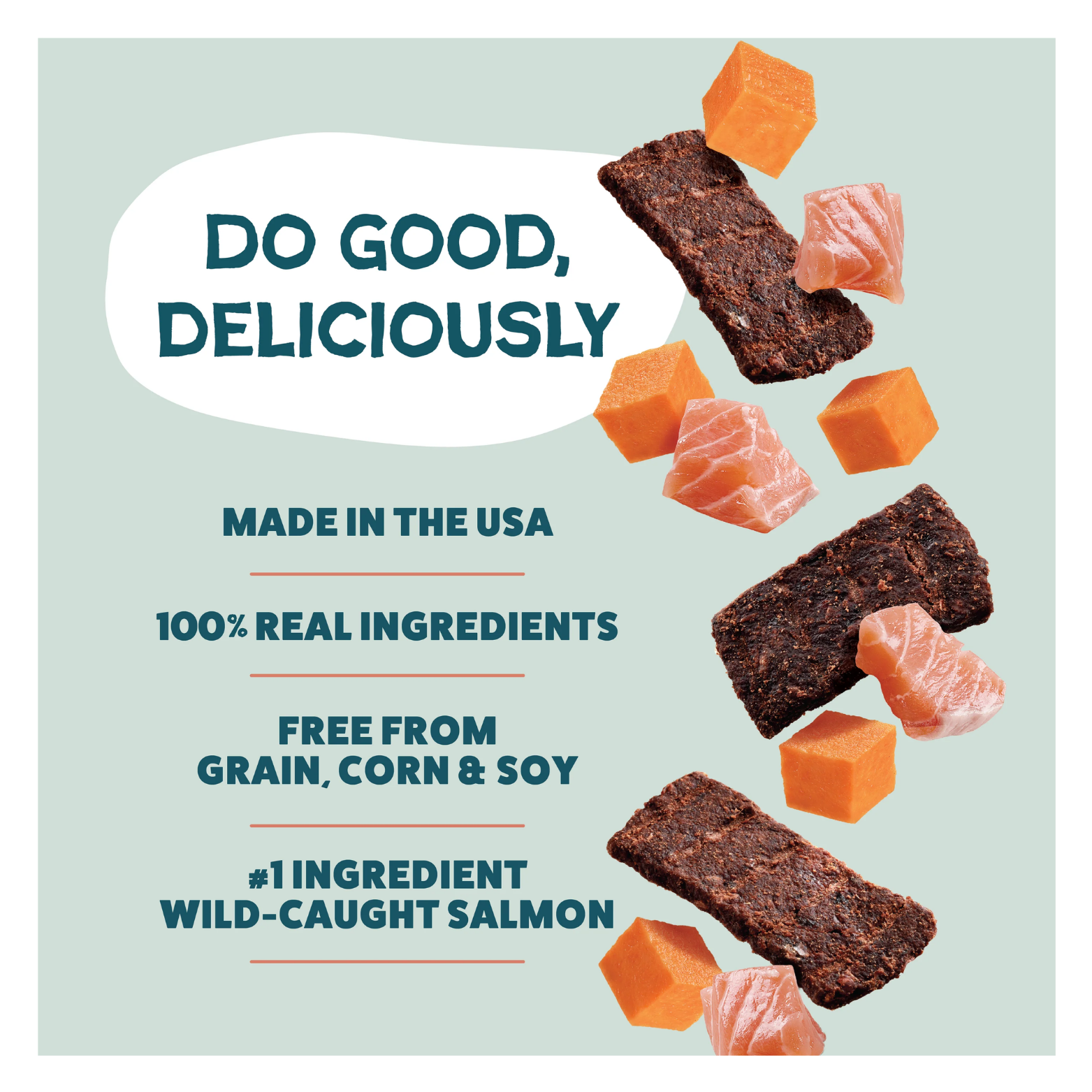 Pale green background with floating images of salmon chunks, butternut squash cubes, and jerky strips alongside text reading “Do Good, Deliciously,” “Made in the USA,” “100% Real Ingredients,” “Free from Grain, Corn & Soy,” and “#1 Ingredient Wild-Caught Salmon.”