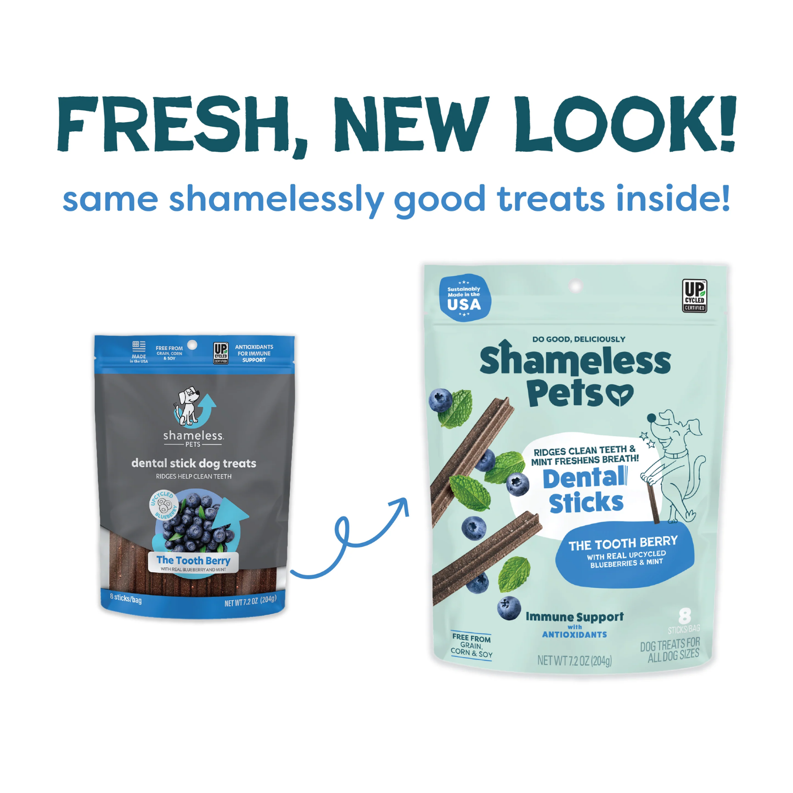 Side-by-side comparison showing the old dark-gray Shameless Pets dental stick packaging transitioning to a new mint-green design, with text reading “Fresh, new look—same shamelessly good treats inside.”