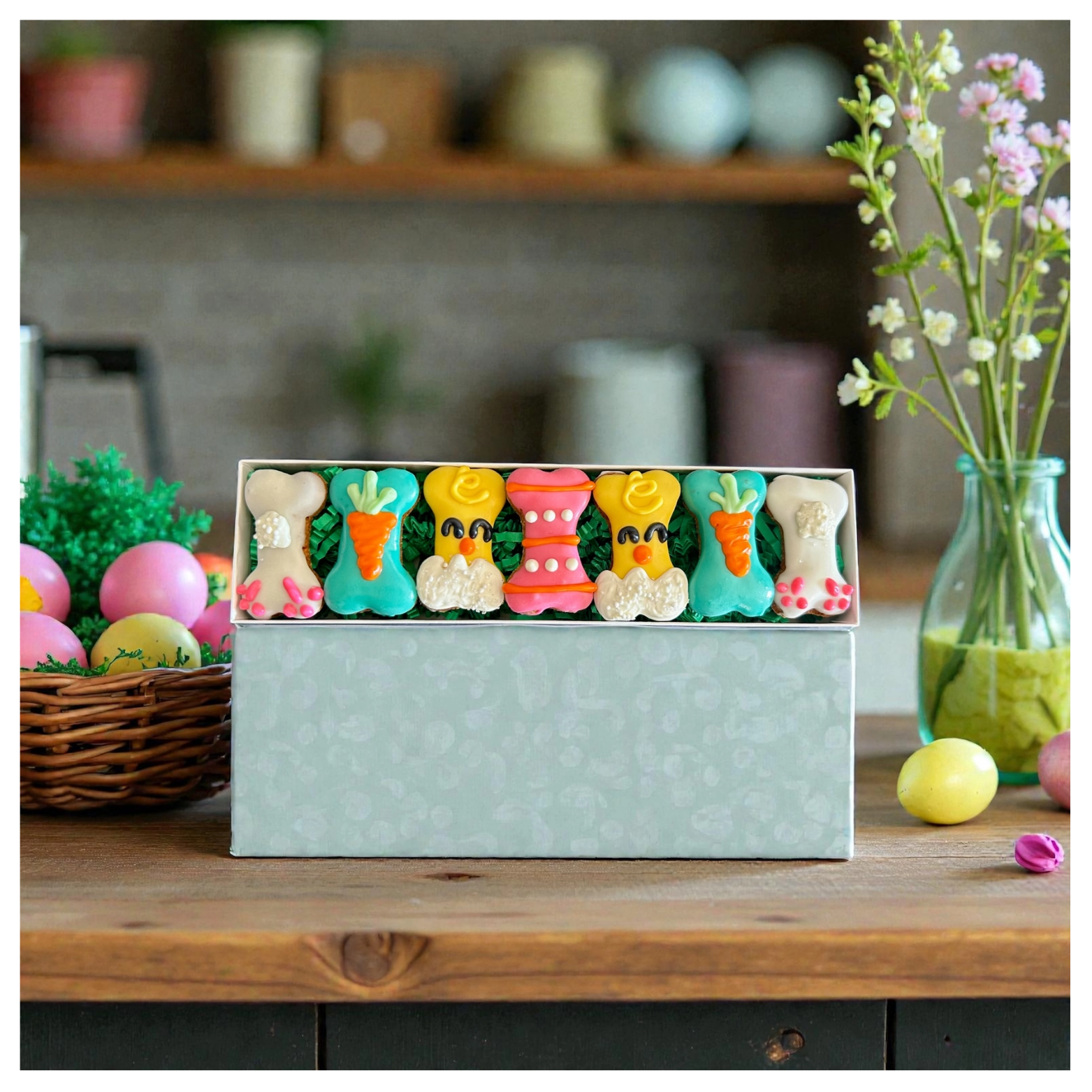 A long rectangular box filled with decorated dog treats shaped like bones, chicks, carrots, and a pink bone sits on a light blue box on a wooden table. A basket of pastel eggs and a glass vase with flowers are visible in the softly blurred kitchen background.