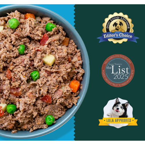 Close-up of a bowl of A Pup Above Texas Beef Stew dog food with visible beef, peas, potatoes, and carrots, shown beside three award badges: Dog Food Advisor Editor’s Choice, Susan Thixton’s ‘The List 2025,’ and a ‘Lola Approved’ badge featuring a small dog illustration.