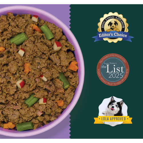 Close-up of a bowl of A Pup Above Turducken Recipe dog food with visible vegetables, shown beside award badges including Dog Food Advisor Editor’s Choice, Susan Thixton’s ‘The List 2025,’ and a ‘Lola Approved’ badge featuring a small dog.