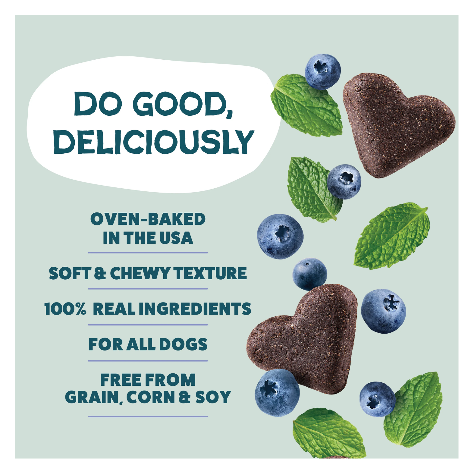 Promotional graphic on a light teal background with the phrase “Do Good, Deliciously,” listing product benefits including oven-baked in the USA, soft and chewy texture, 100% real ingredients, suitable for all dogs, and free from grain, corn, and soy, alongside images of heart-shaped dark brown dog treats, blueberries, and fresh mint leaves.