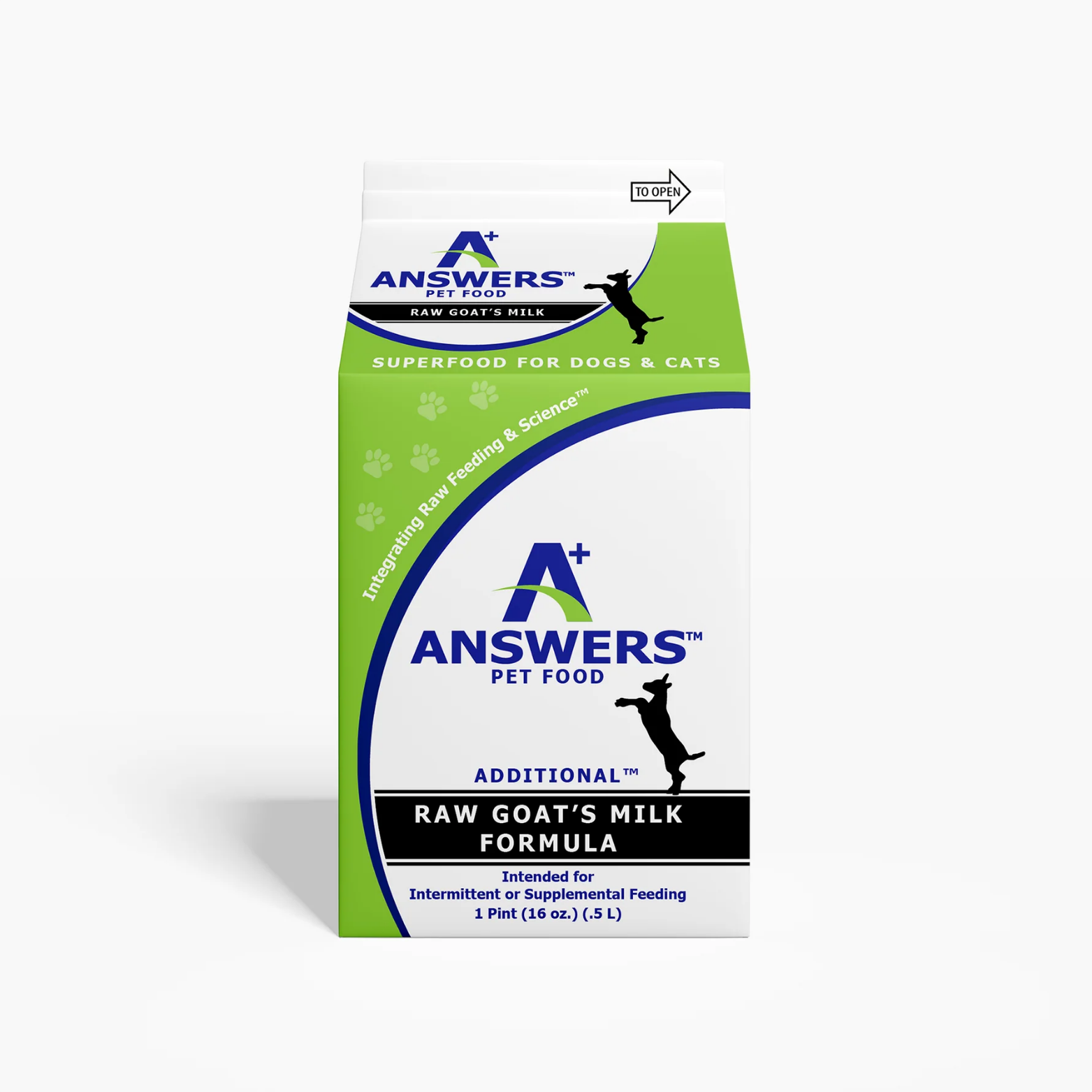 Green and white carton of Answers Pet Food Additional Raw Goat’s Milk Formula labeled as a superfood for dogs and cats. The carton indicates intermittent or supplemental feeding, 1 pint (16 ounces).