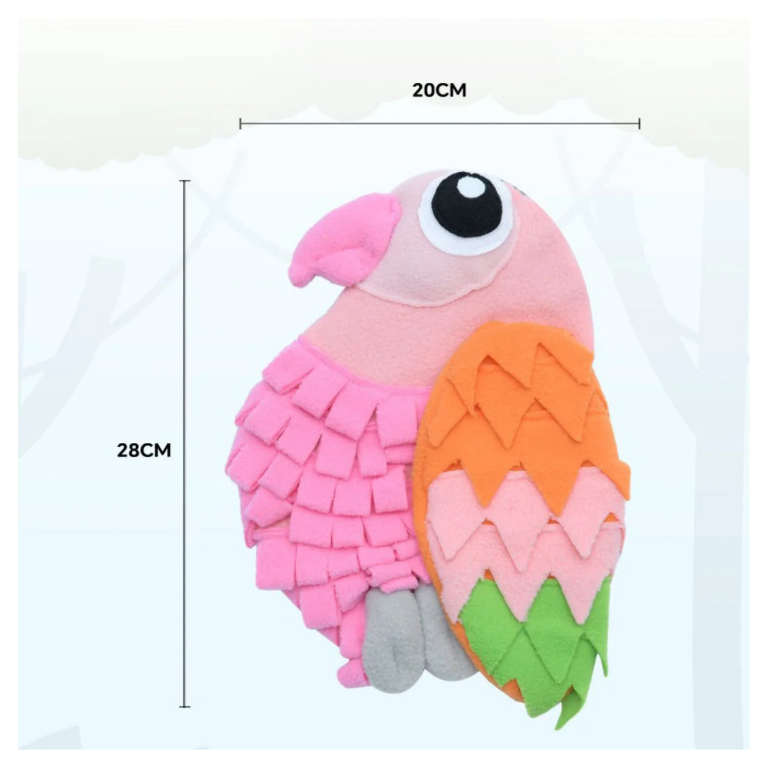 Front view of the pink parrot snuffle mat with measurement labels indicating approximately 28 cm tall and 20 cm wide.