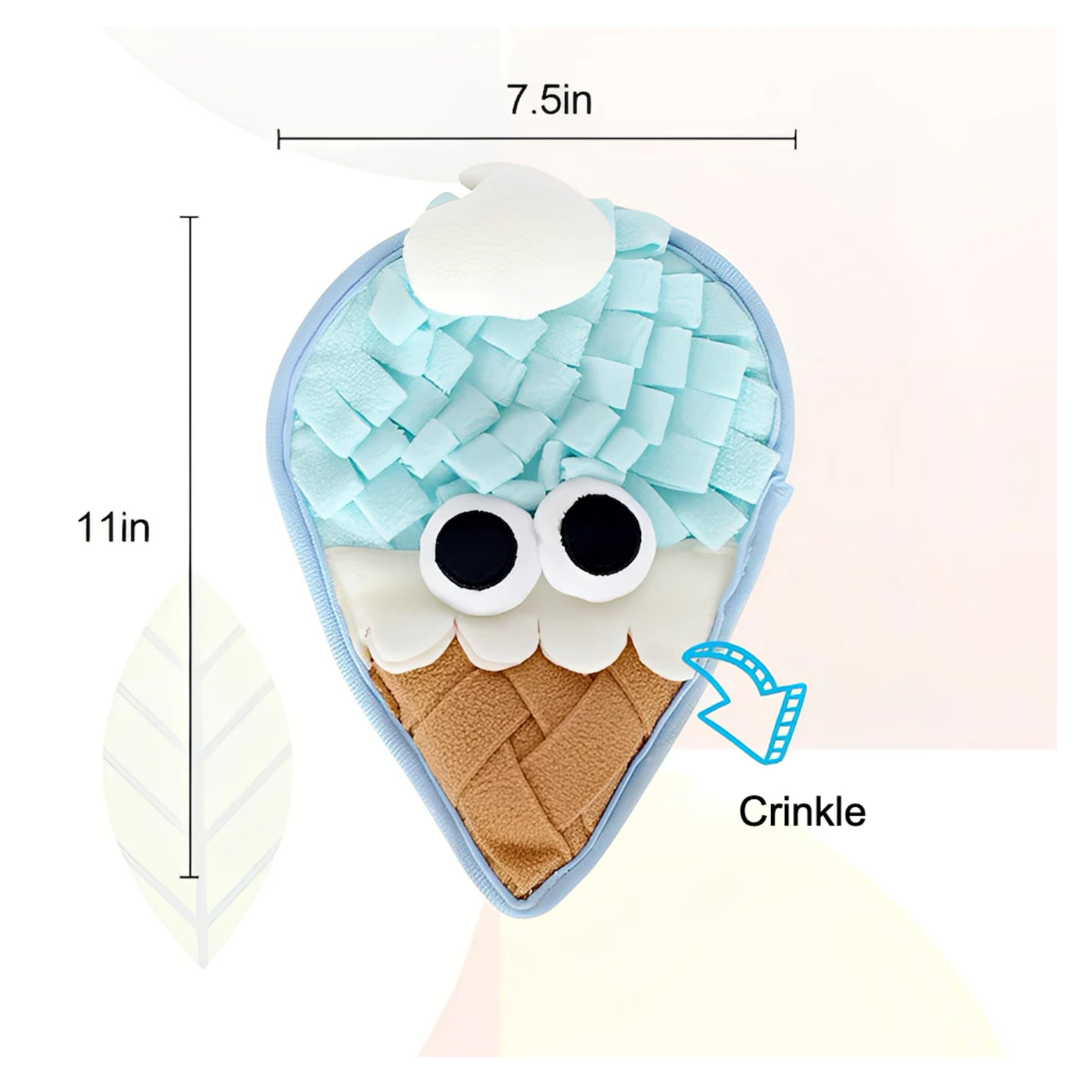 Full view of the ice-cream snuffle mat with measurement labels showing 11 inches tall and 7.5 inches wide, plus an arrow indicating a “Crinkle” feature inside the toy.