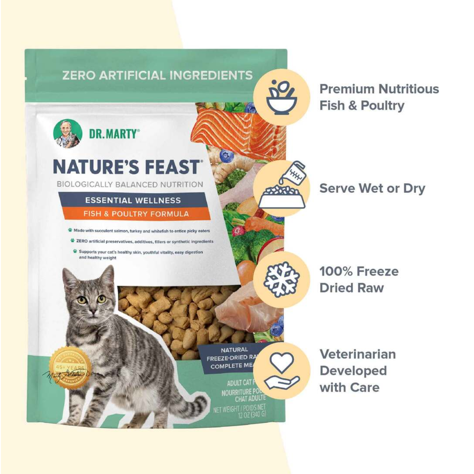 Dr. Marty Freeze Dried Raw Cat Food Fish & Poultry Essential Wellness Nature's Feast 12 oz